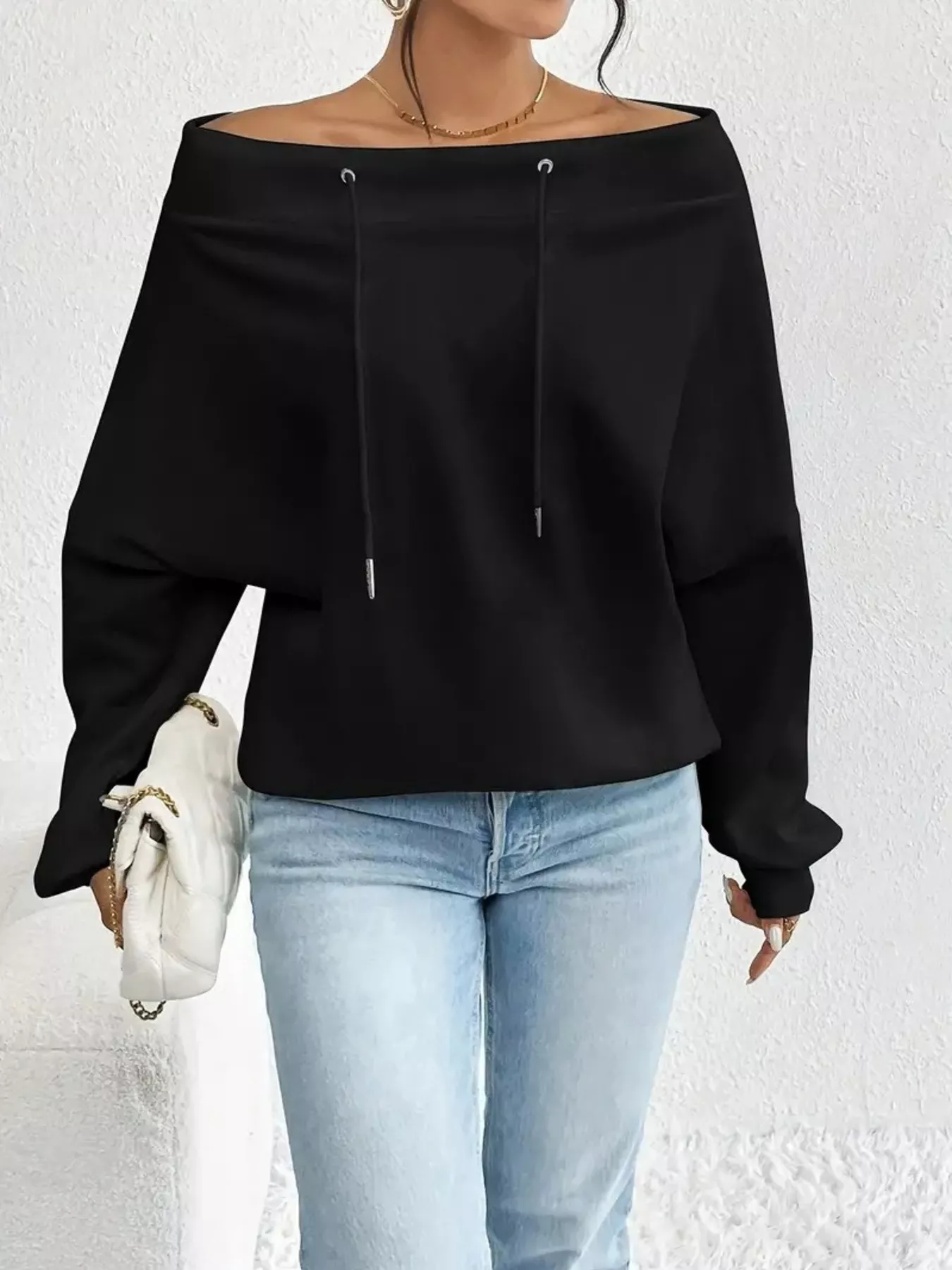 Off-Shoulder Drawstring Sweatshirt - Image 7