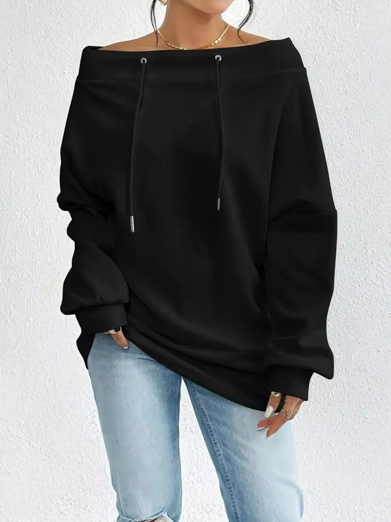 Off-Shoulder Drawstring Sweatshirt - Image 8