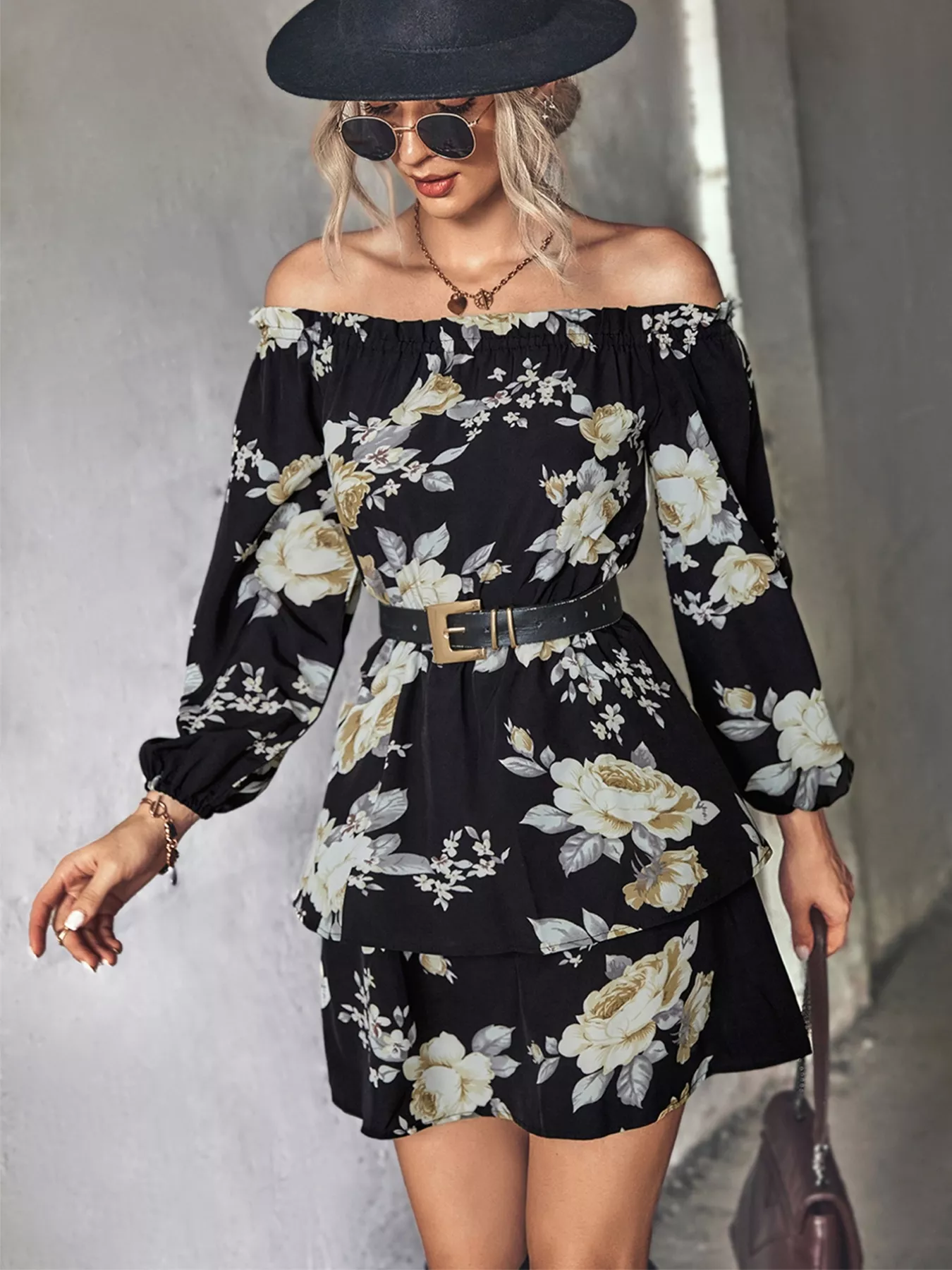 Off-Shoulder Floral Print Long Sleeve Mini Dress - Image 12
