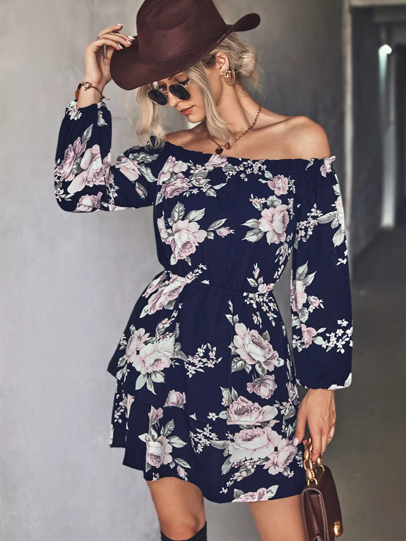 Off-Shoulder Floral Print Long Sleeve Mini Dress - Image 6