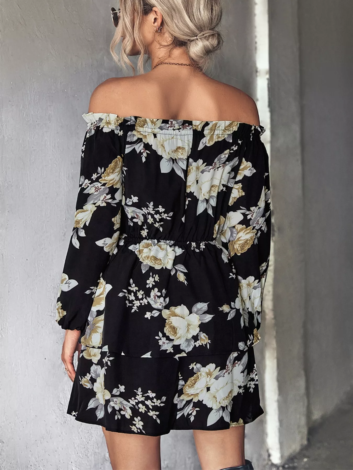 Off-Shoulder Floral Print Long Sleeve Mini Dress - Image 8