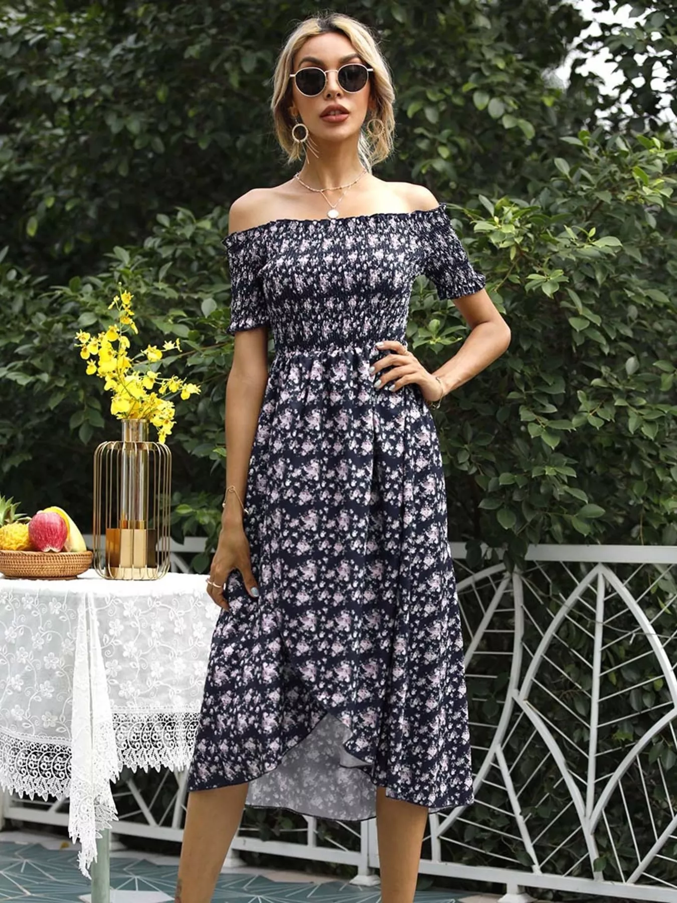 Off Shoulder Floral Slit Dress - Image 9
