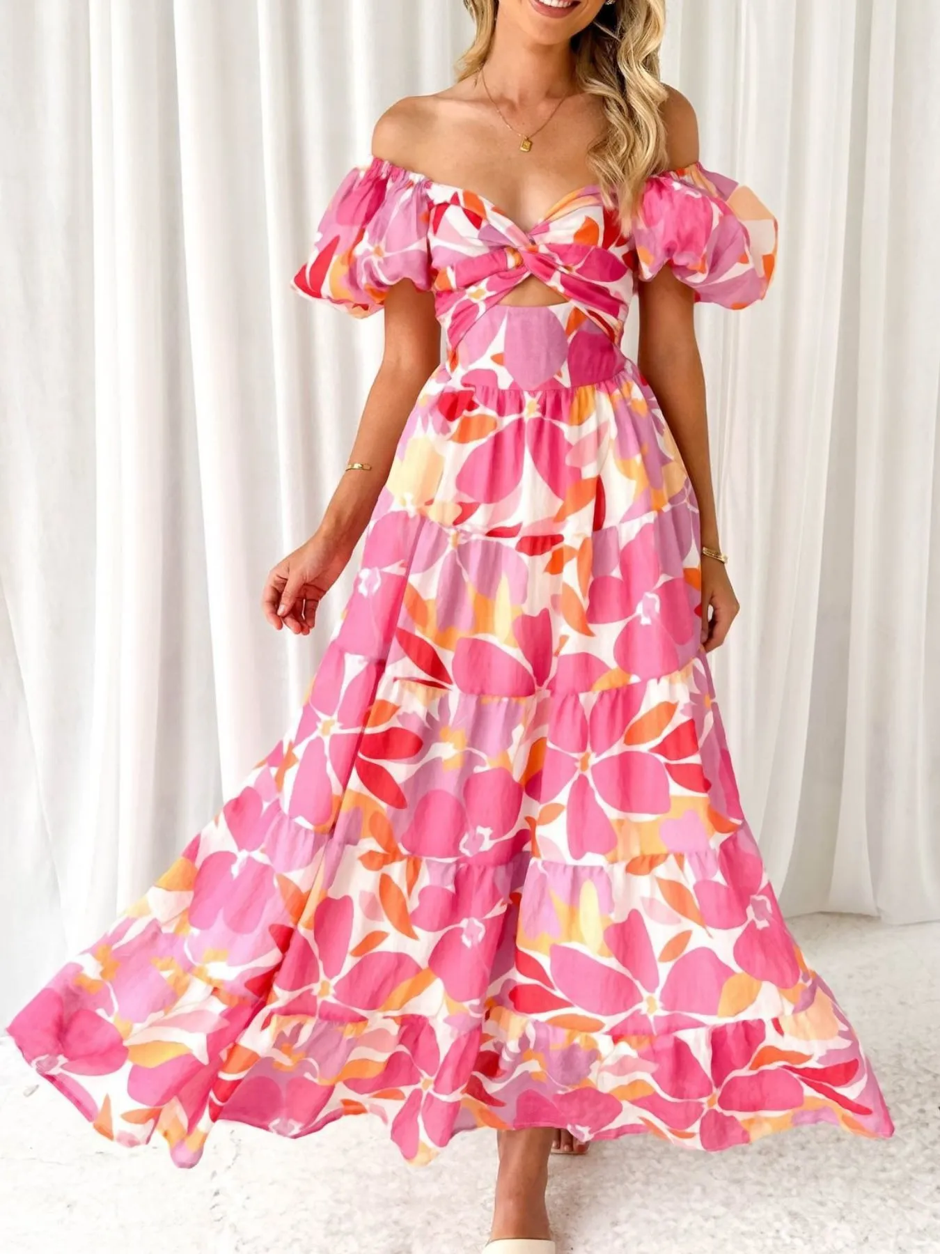 Off-Shoulder Floral Tiered Dress with Ruffle Details - Image 17