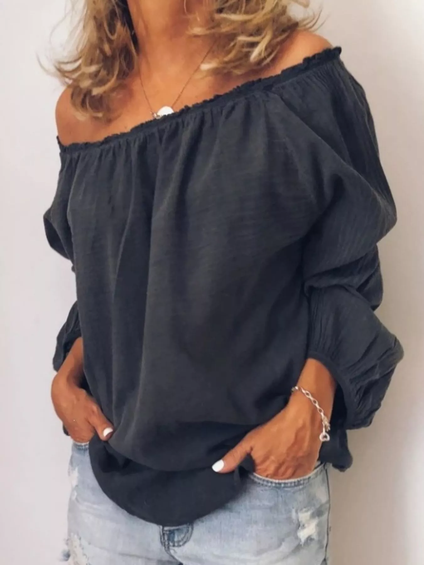Off-Shoulder Frill Trim Blouse - Image 4