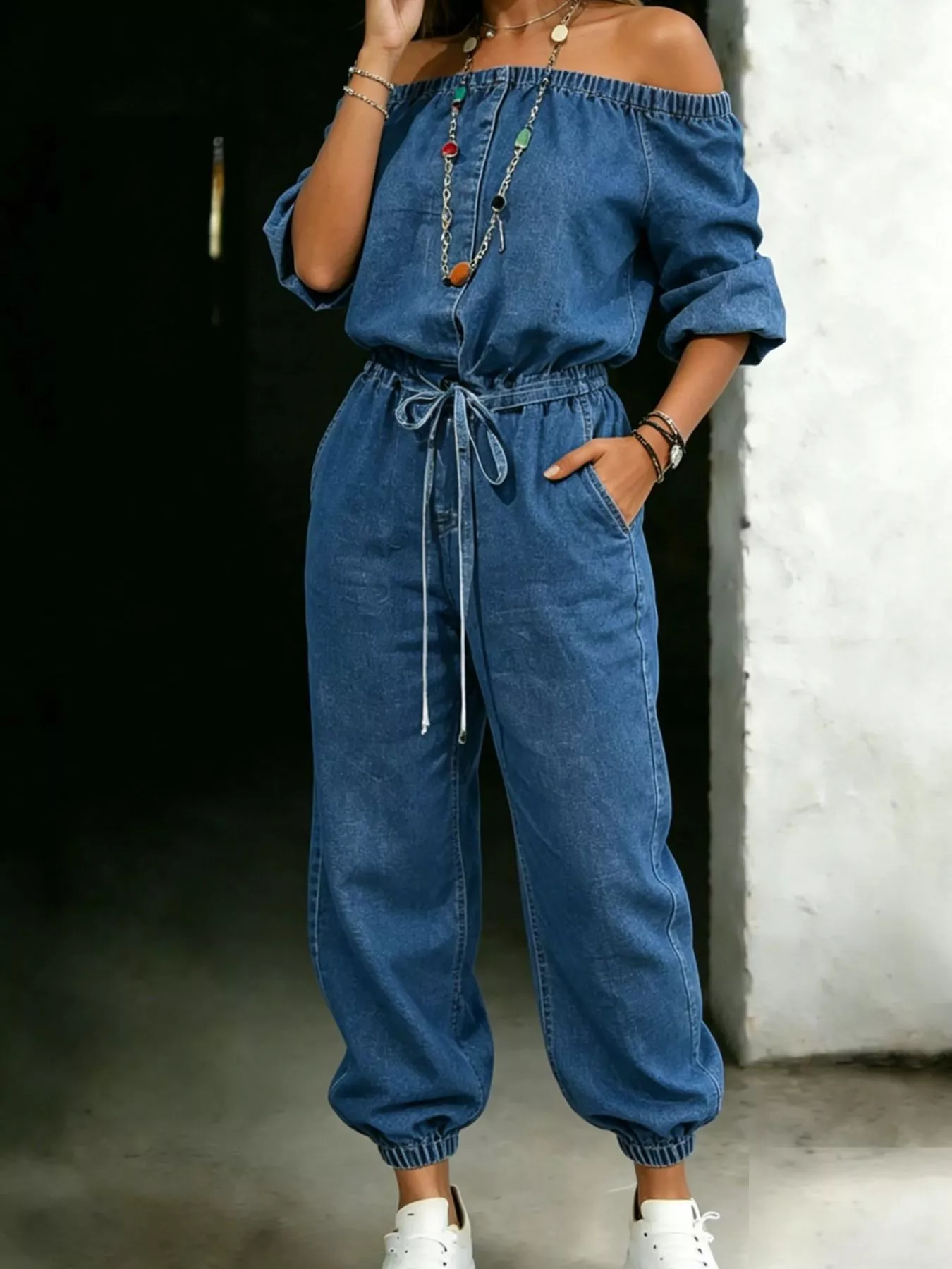Off Shoulder Jumpsuit with Pockets - Image 3