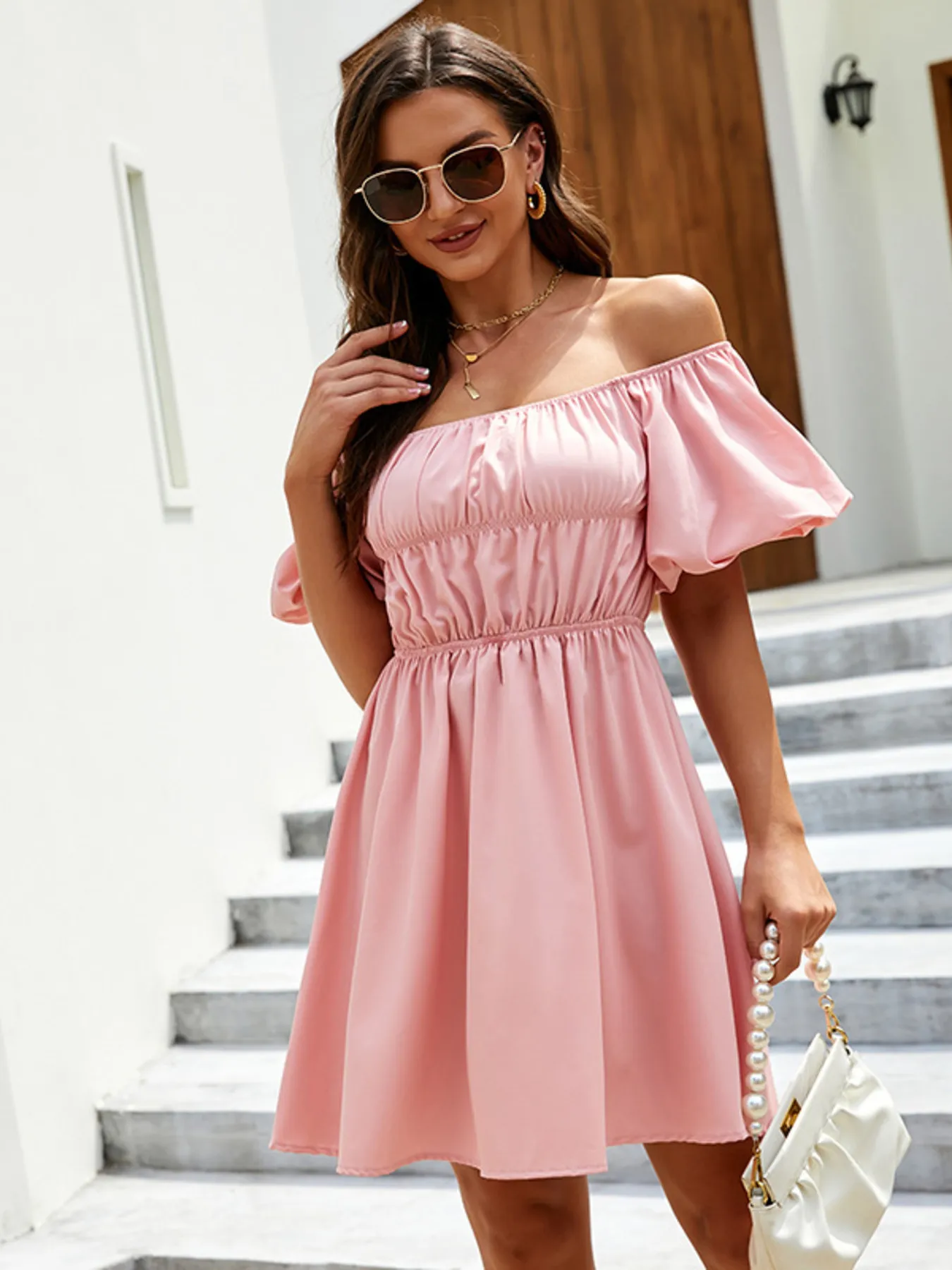 Off-Shoulder Puff Sleeve Mini Dress - Image 2