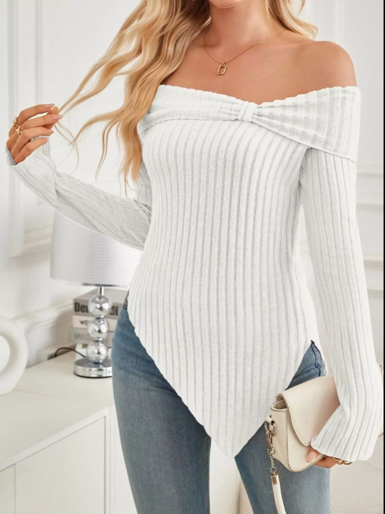 Off-Shoulder Ribbed Knit T-Shirt - Image 11