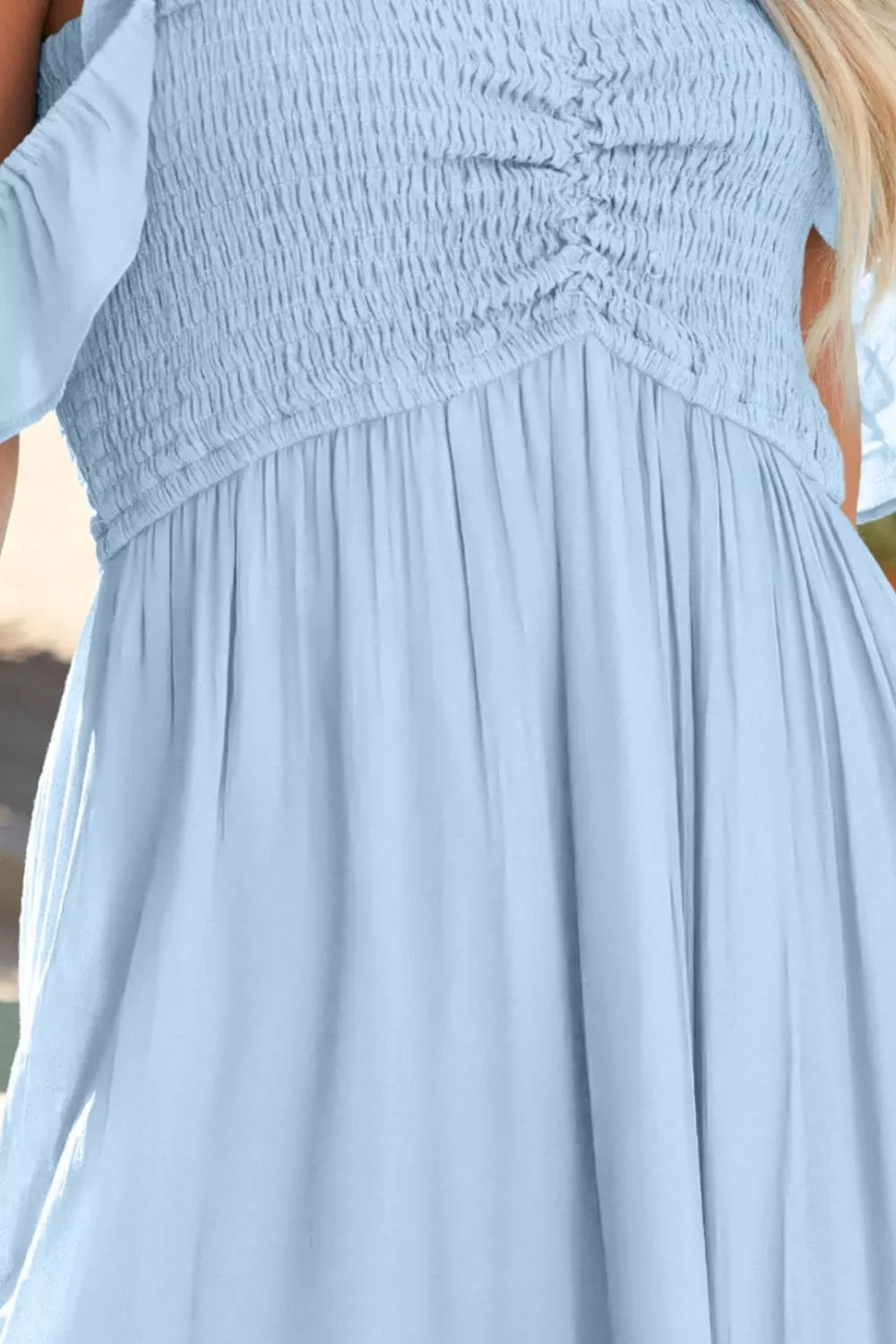 Off Shoulder Ruched Bust Sheer Slit Maxi Dress - Image 5