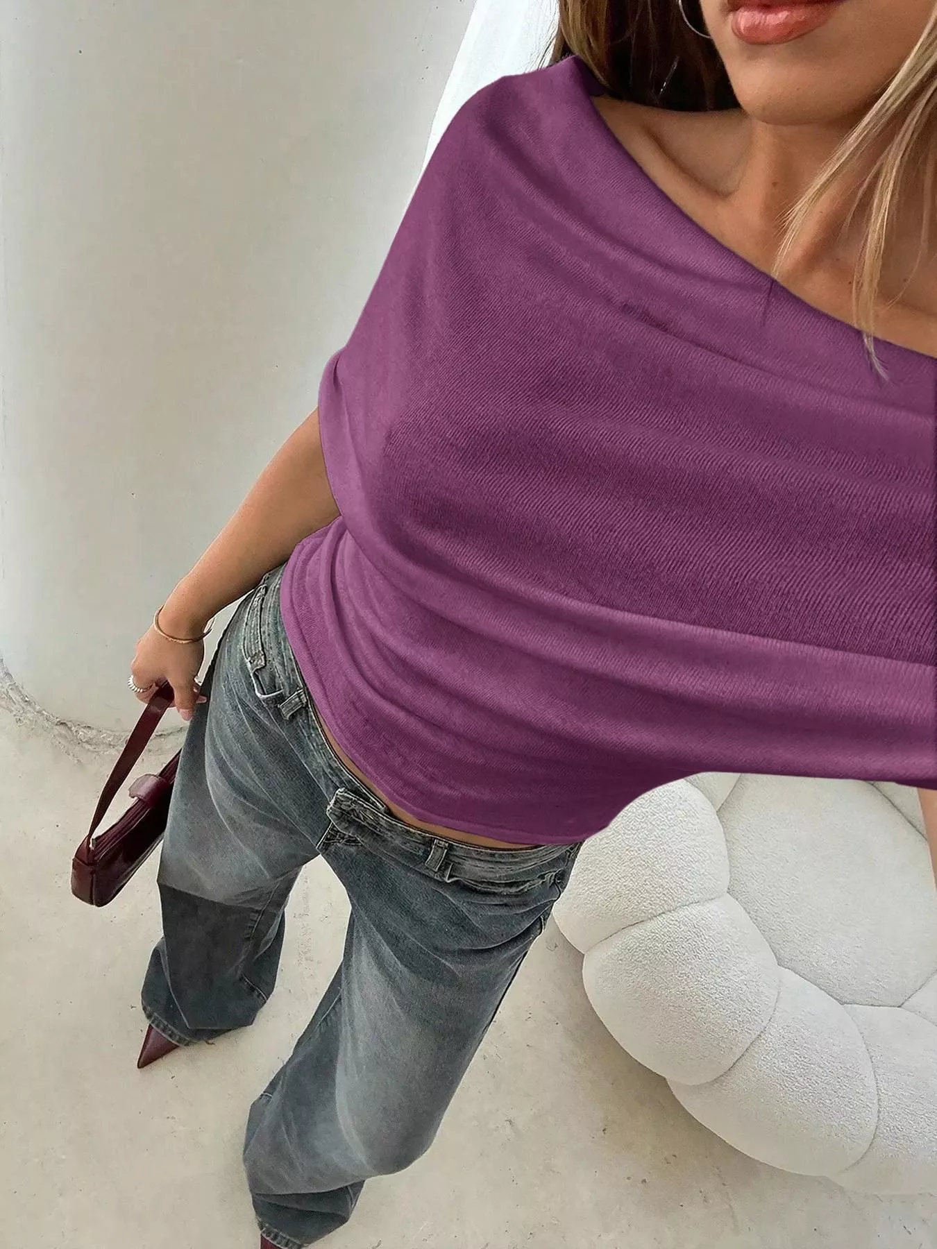 Off-Shoulder Ruched Knit T-Shirt - Image 24
