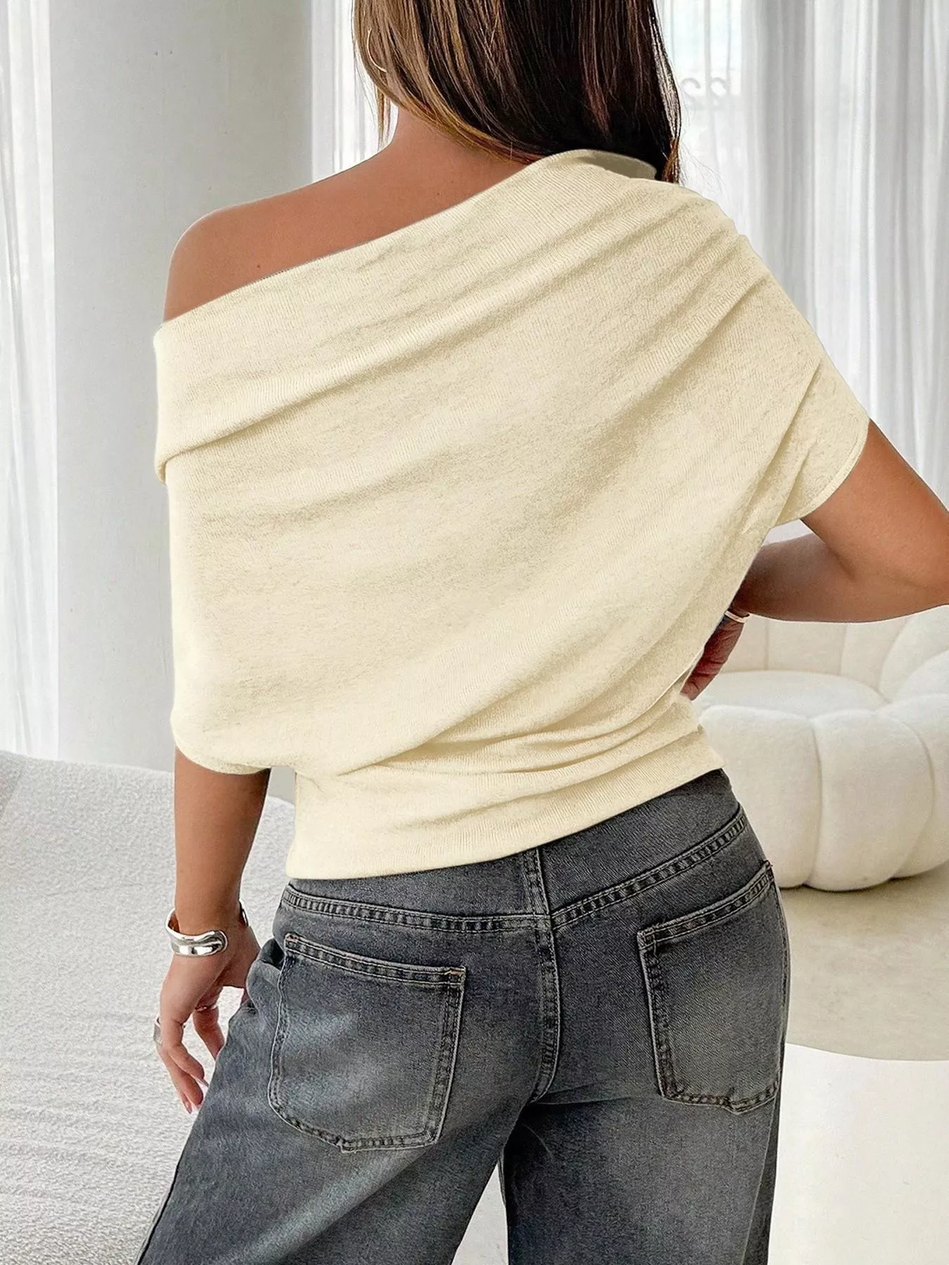 Off-Shoulder Ruched Knit T-Shirt - Image 6