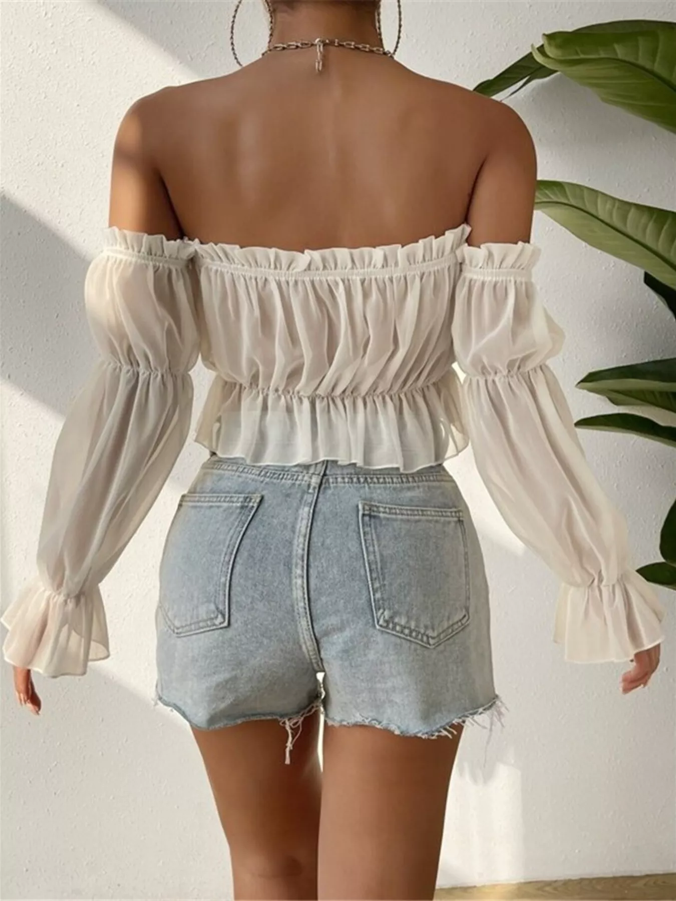 Off-Shoulder Ruffle Trim Sheer Cropped Blouse - Image 4