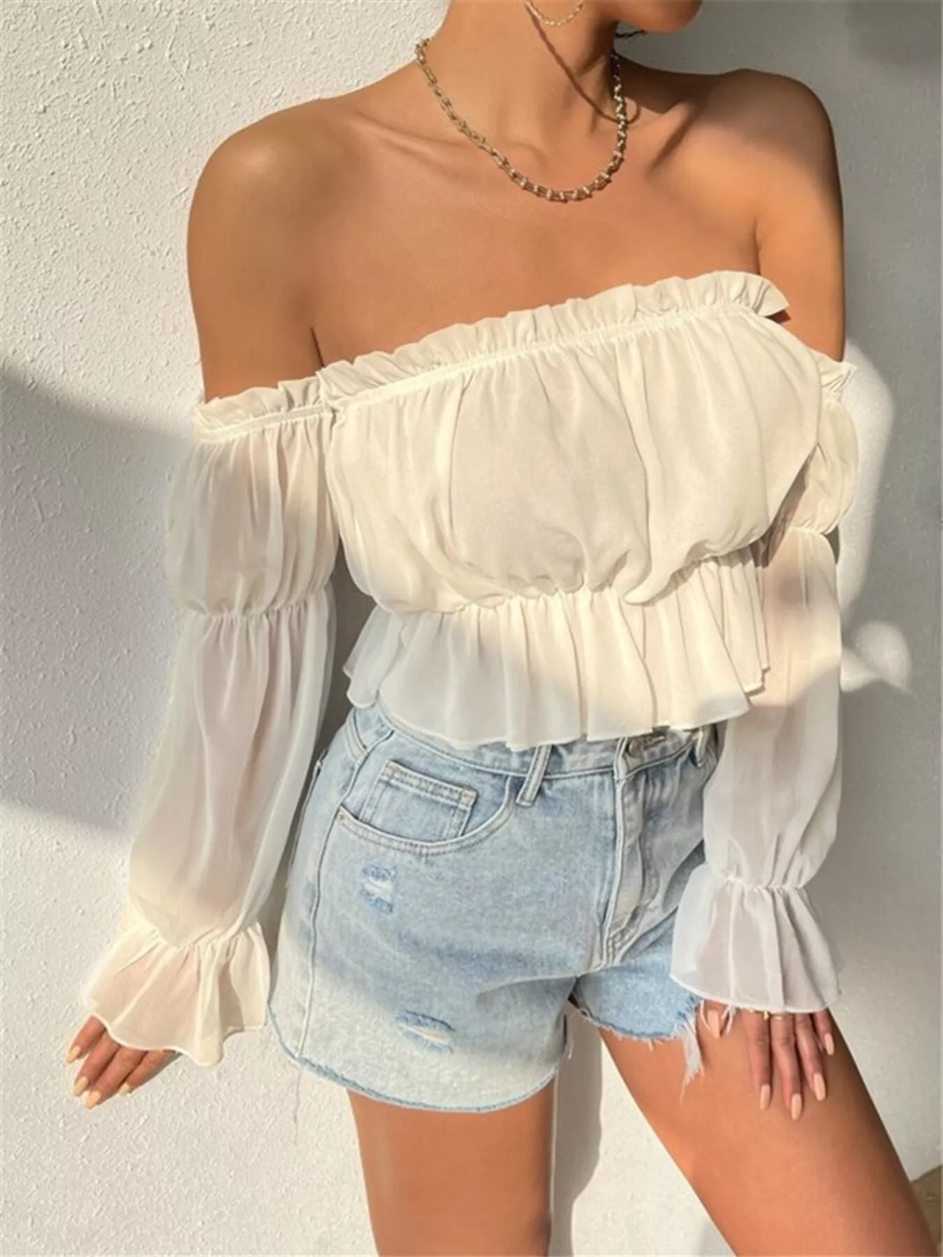 Off-Shoulder Ruffle Trim Sheer Cropped Blouse - Image 5