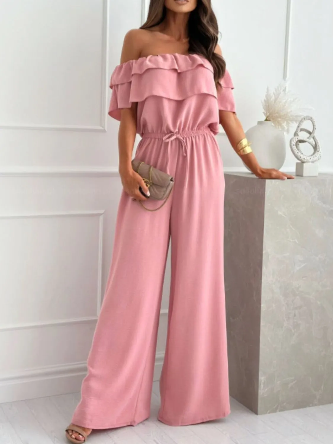 Off-Shoulder Ruffled Wide Leg Jumpsuit - Image 8