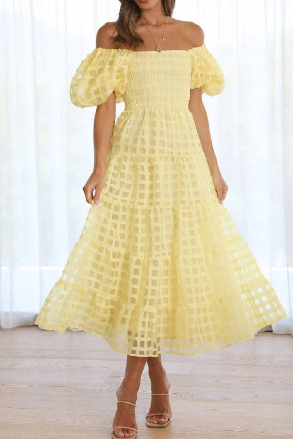 Off Shoulder Short Puff Sleeve Midi Dress - Image 7