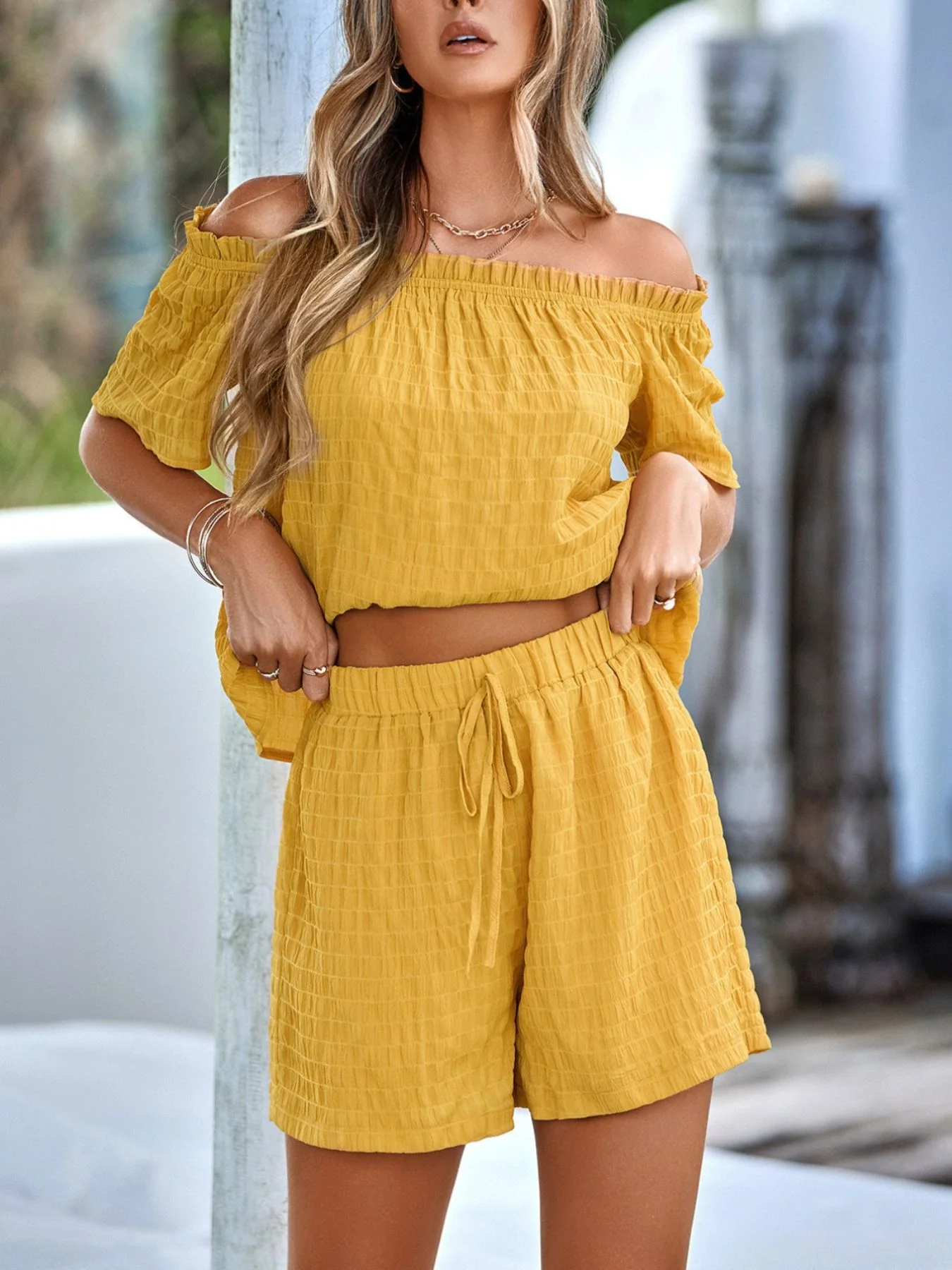 Off-Shoulder Short Sleeve Top and Shorts Set - Image 3