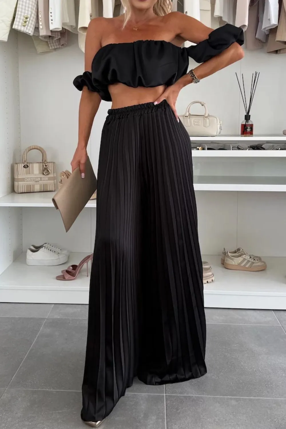 Off-Shoulder Top and Pleated Pants Set - Image 5