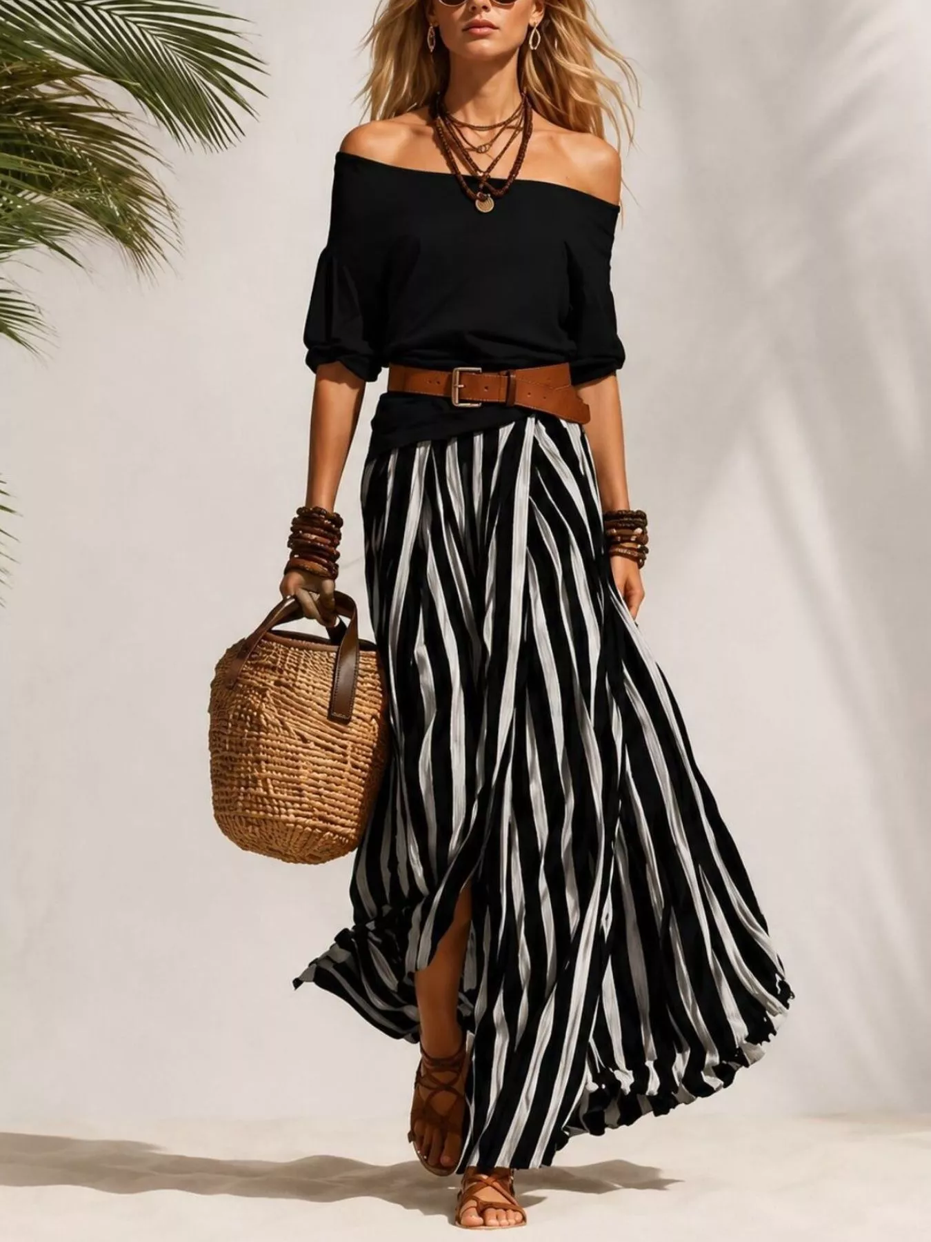 Off Shoulder Top and Striped Maxi Skirt Set - Image 4