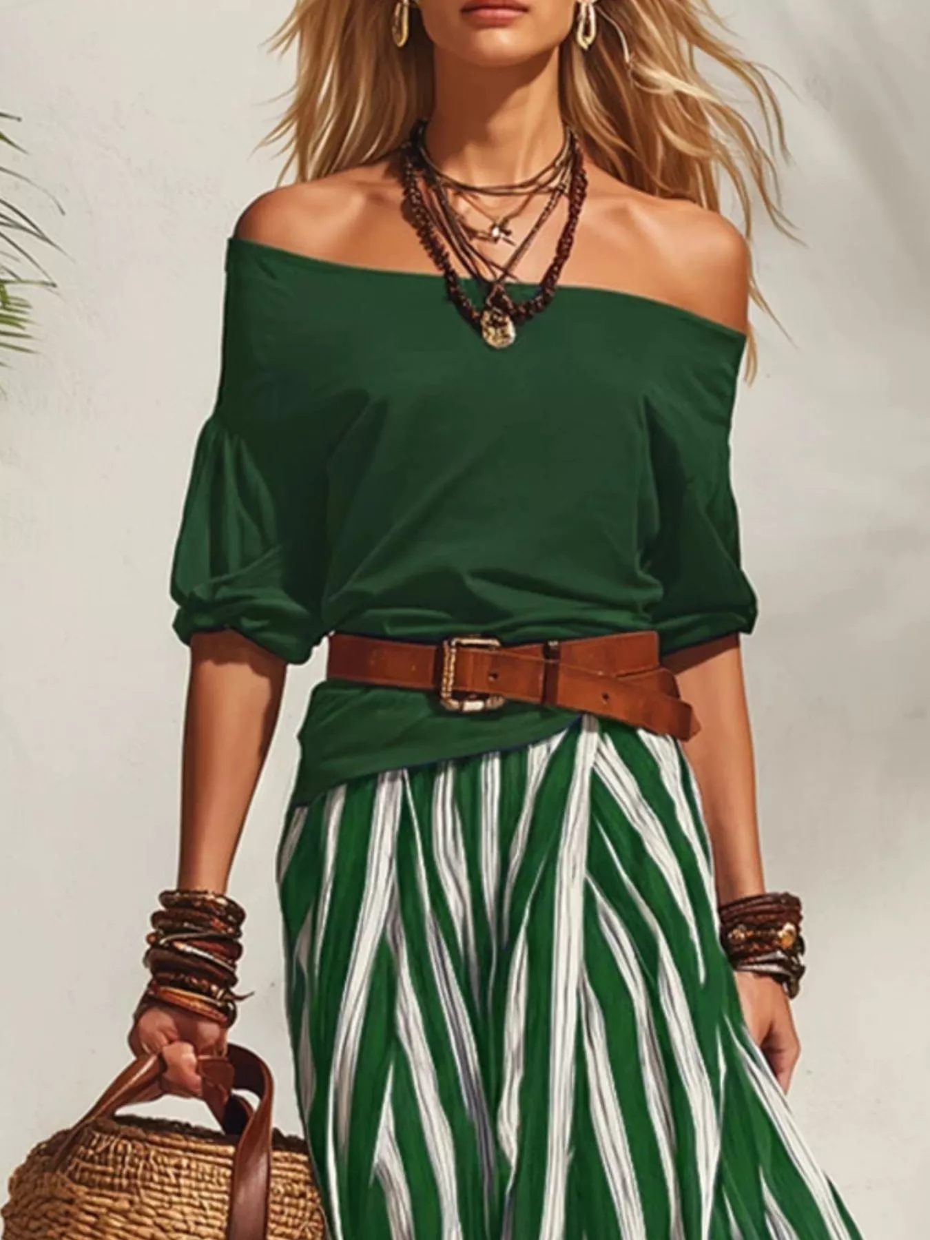 Off Shoulder Top and Striped Maxi Skirt Set - Image 6