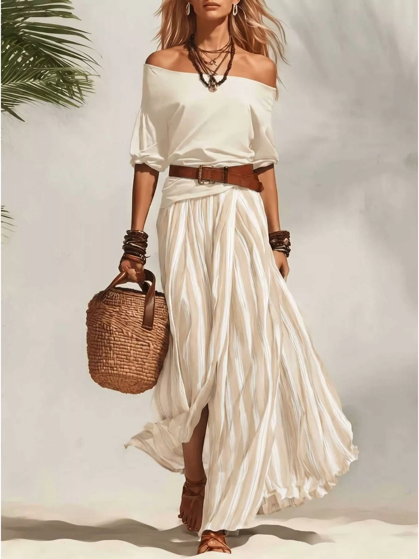 Off Shoulder Top and Striped Maxi Skirt Set - Image 7