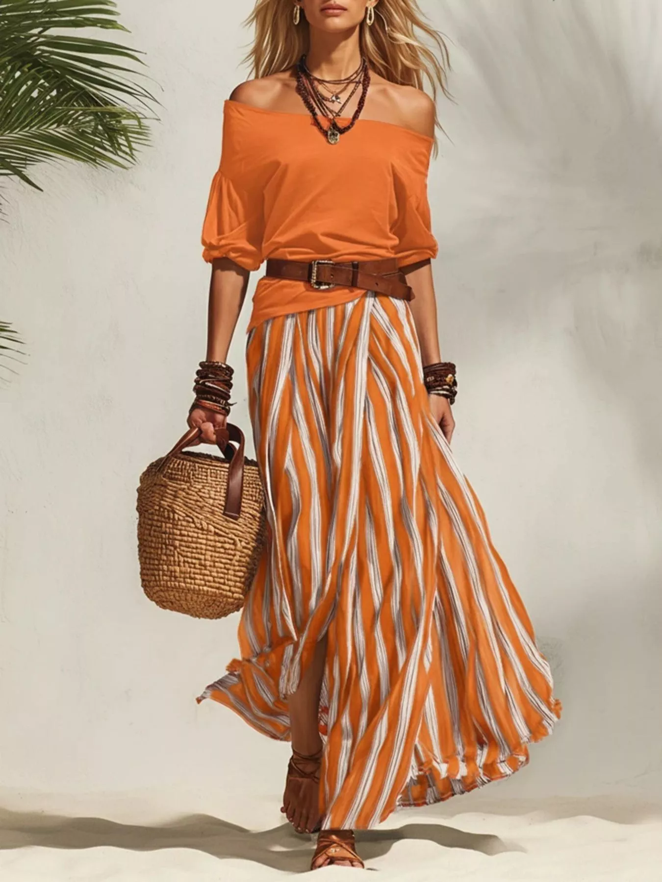 Off Shoulder Top and Striped Maxi Skirt Set - Image 8