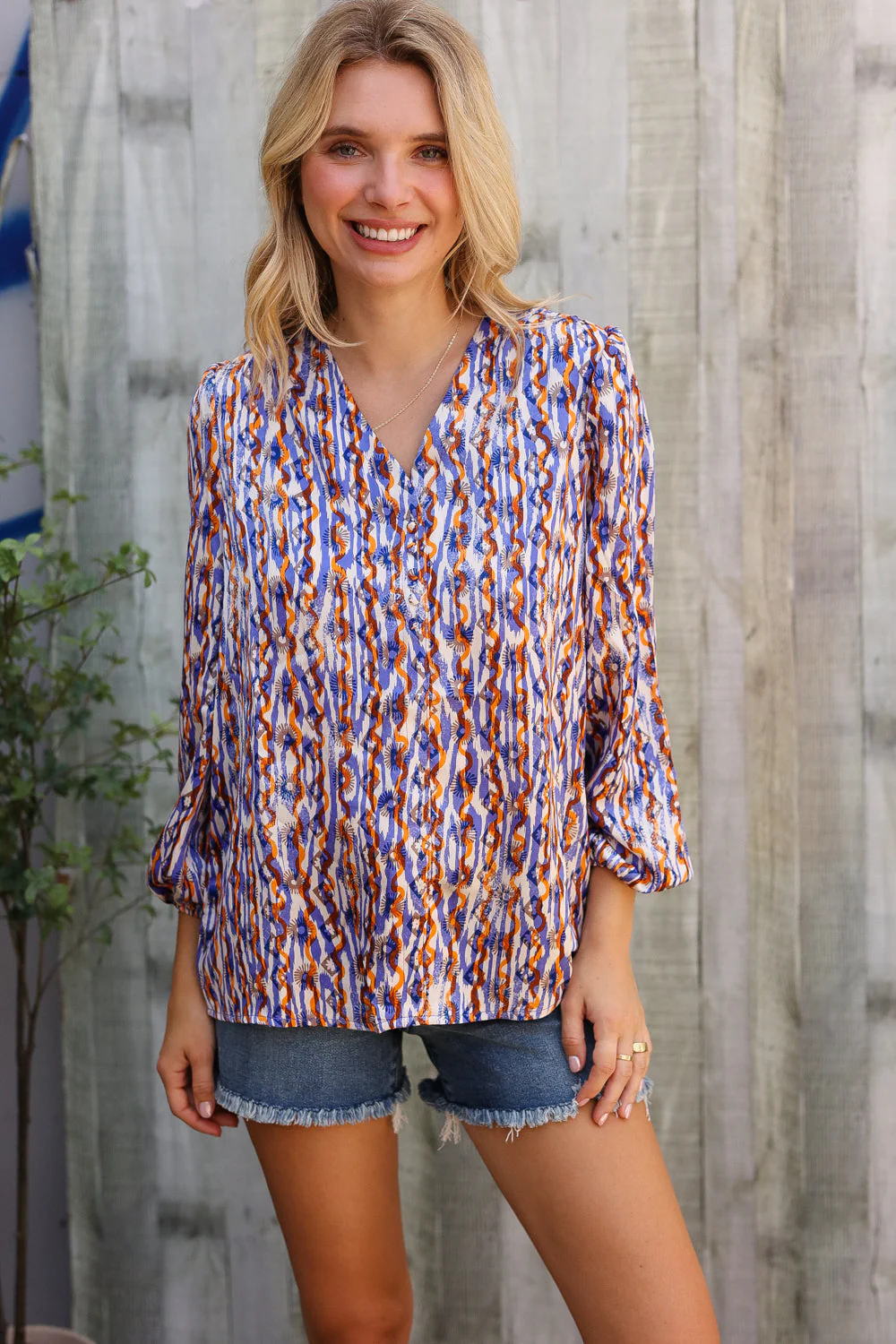 On A Wild Streak V Neck Fabric Button Detail Blouse - Image 2