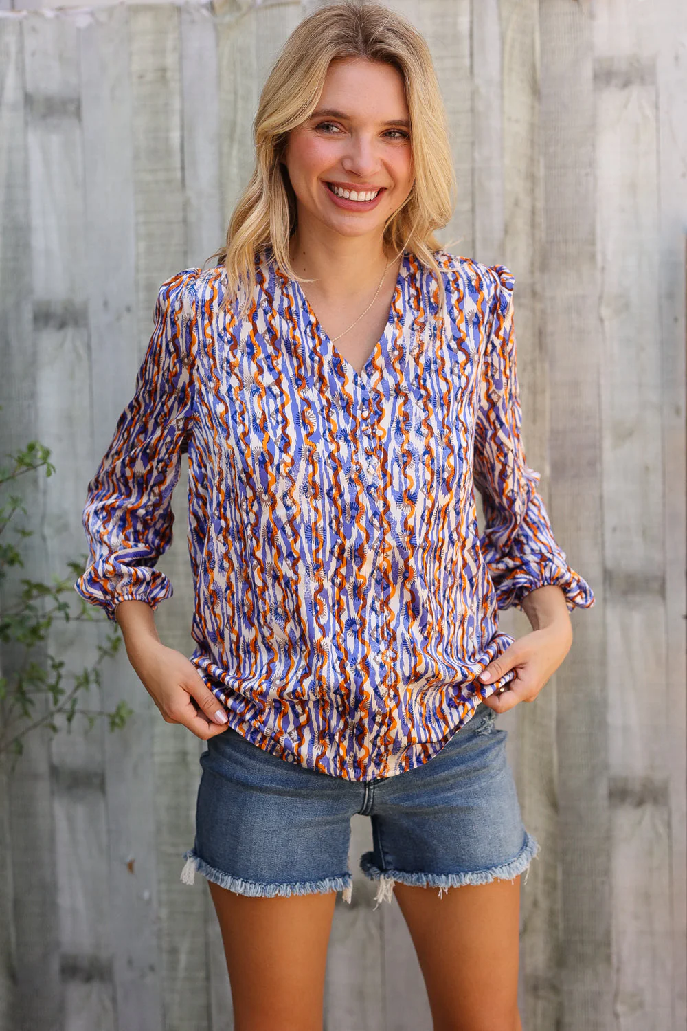 On A Wild Streak V Neck Fabric Button Detail Blouse - Image 3