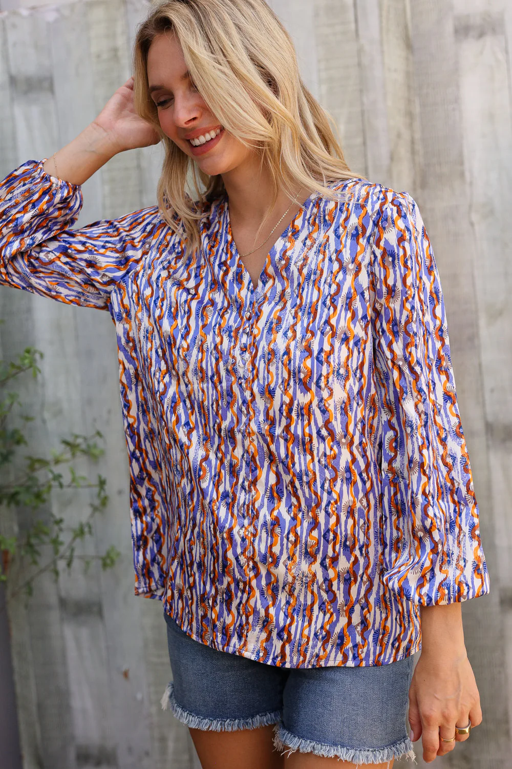 On A Wild Streak V Neck Fabric Button Detail Blouse - Image 5