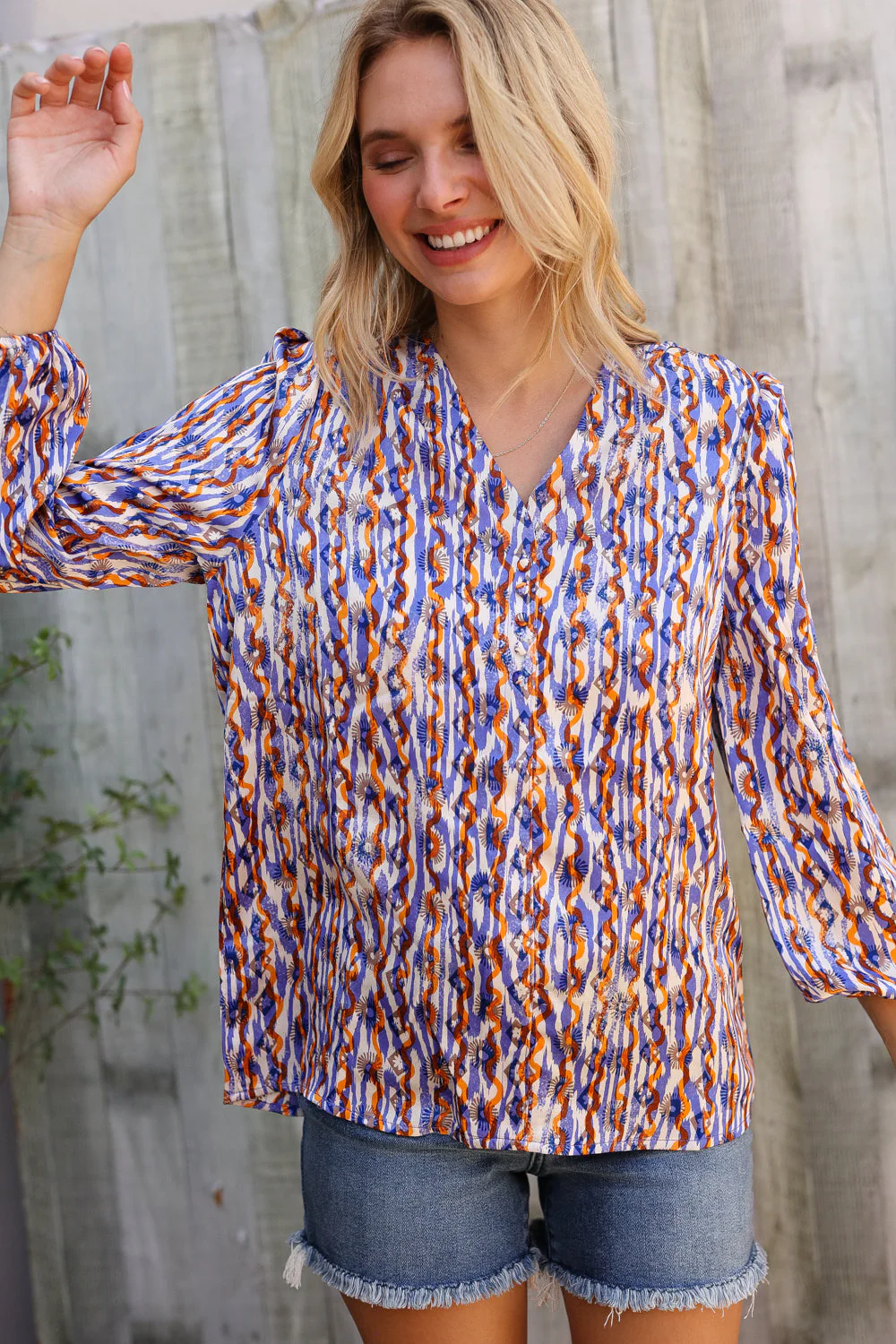 On A Wild Streak V Neck Fabric Button Detail Blouse - Image 6