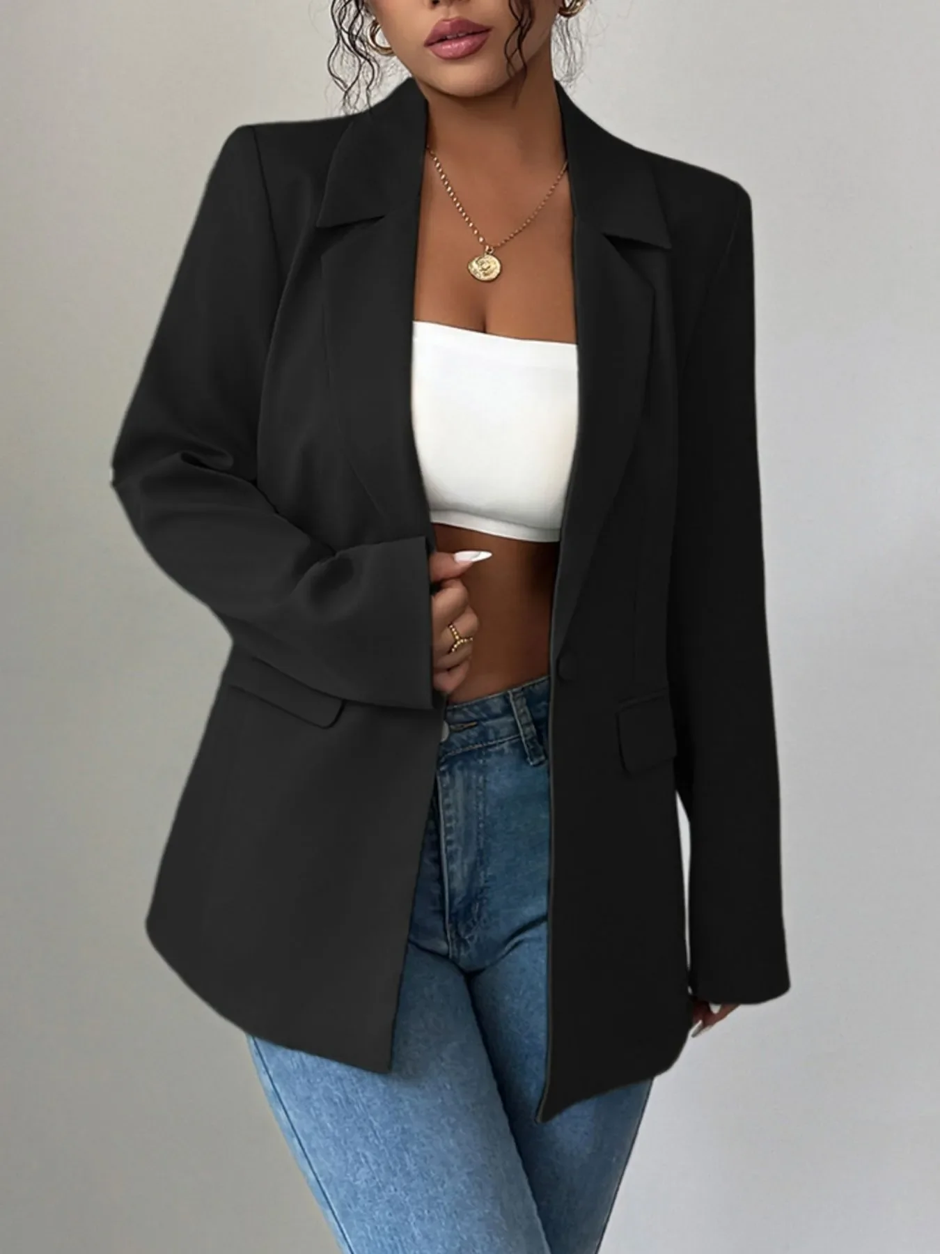 One Button Lapel Collar Blazer - Image 4