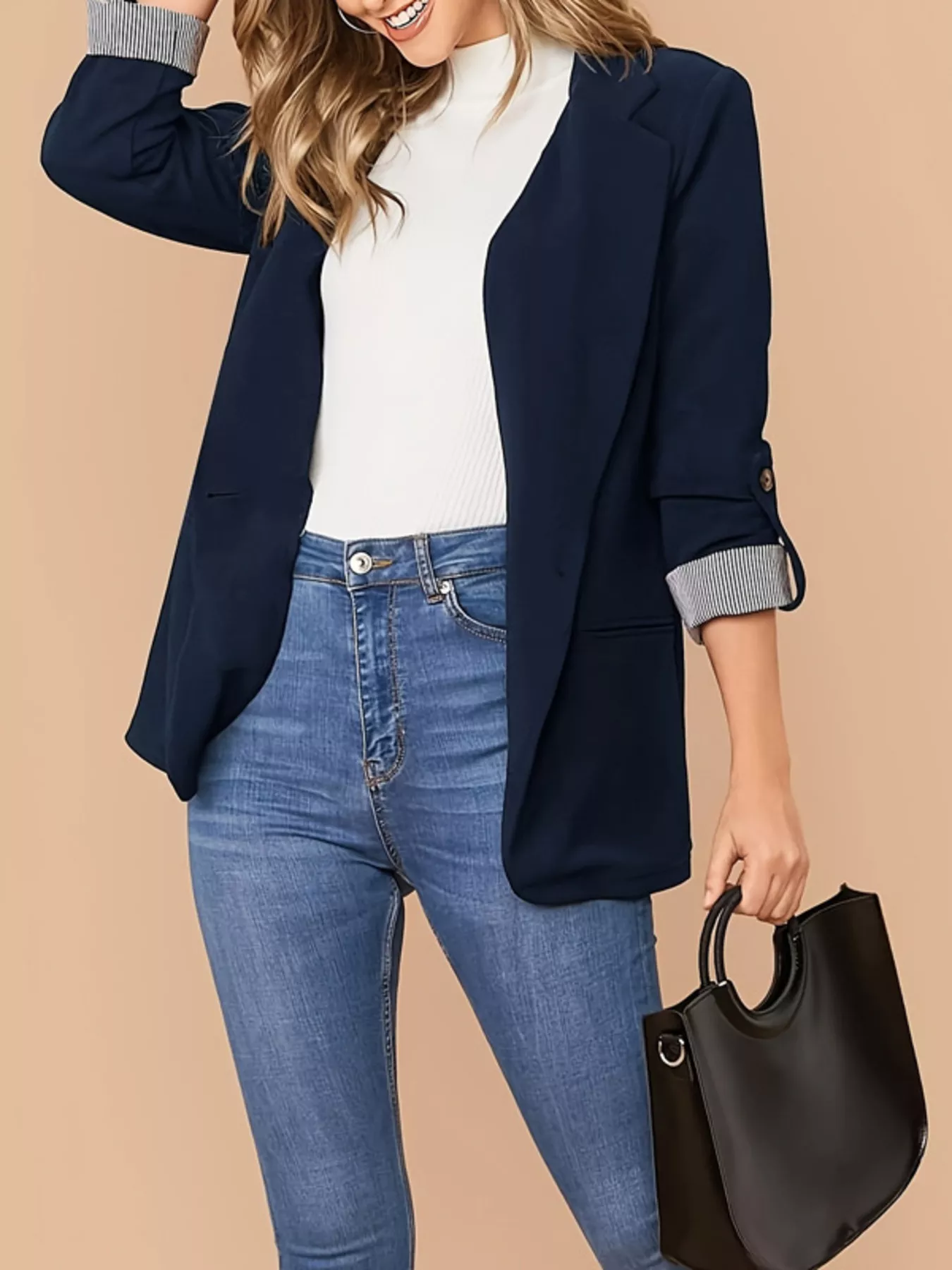 One Button Roll-Up Sleeve Blazer - Image 3