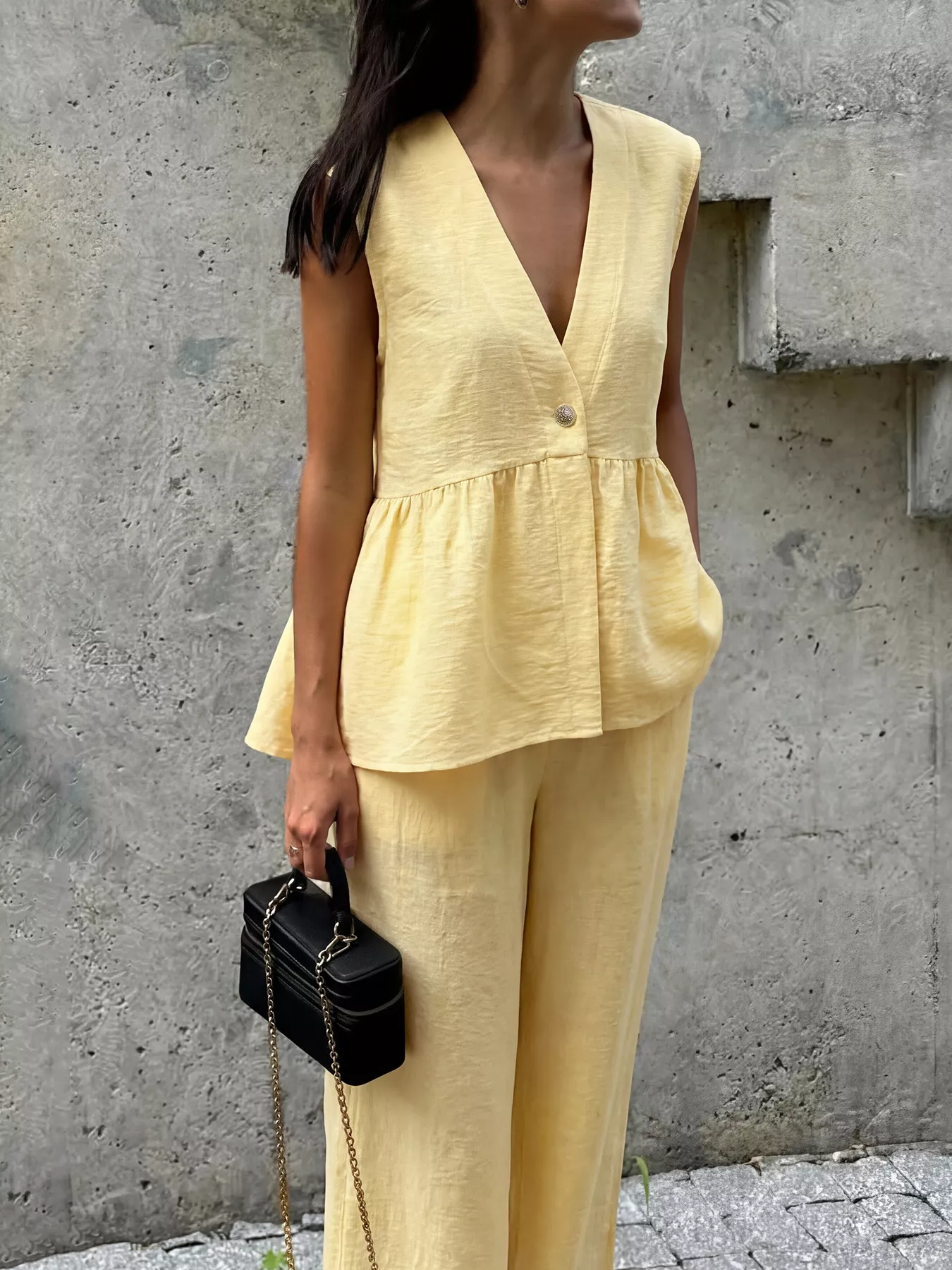 One Button Sleeveless Top and Pants Set