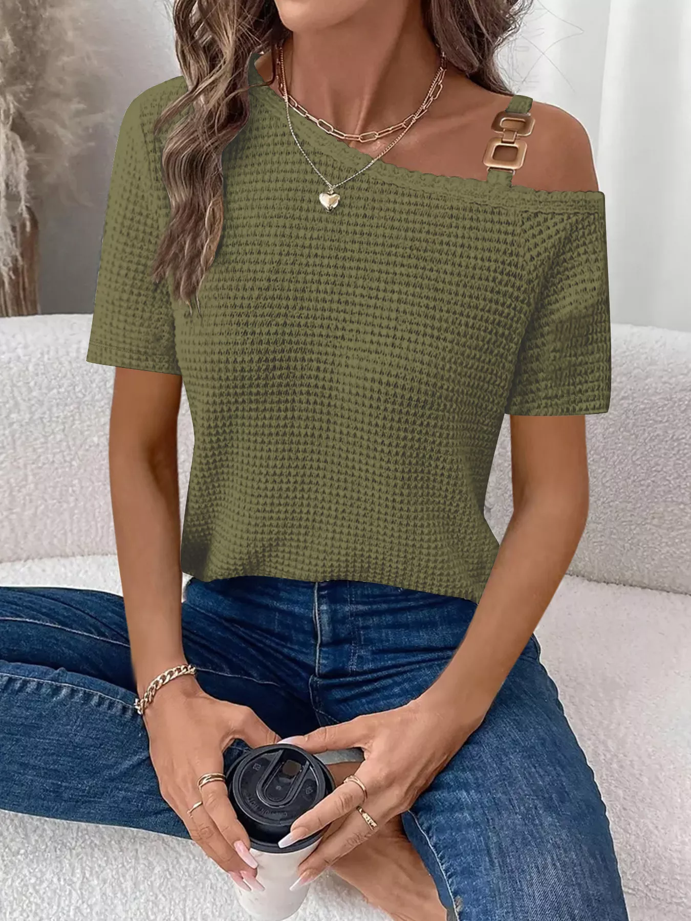 One-Shoulder Chain Detail Waffle Knit T-Shirt - Image 10