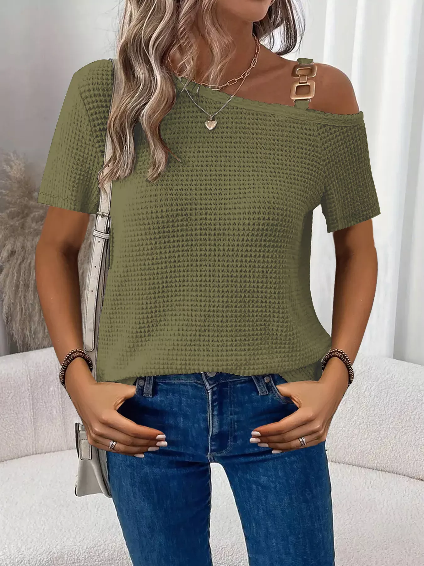 One-Shoulder Chain Detail Waffle Knit T-Shirt - Image 11