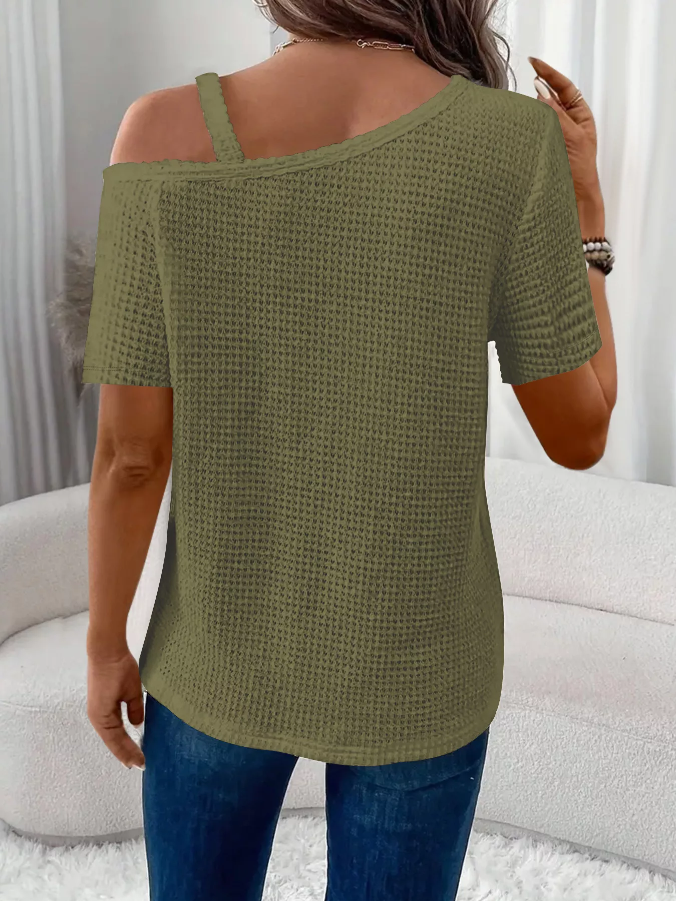 One-Shoulder Chain Detail Waffle Knit T-Shirt - Image 12