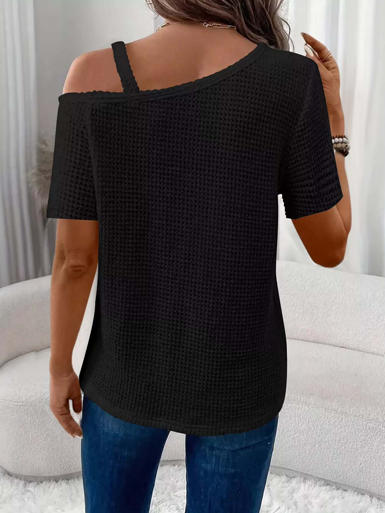 One-Shoulder Chain Detail Waffle Knit T-Shirt - Image 9