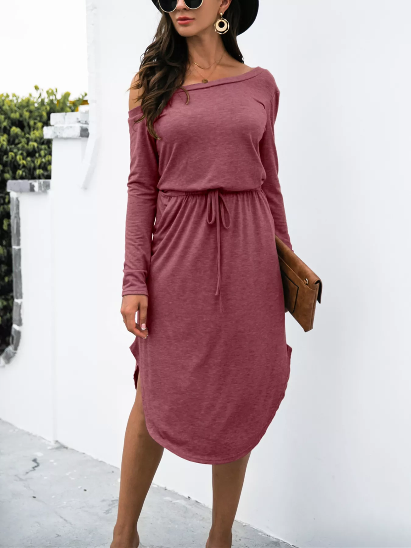 One-Shoulder Long Sleeve Midi Dress with Drawstring Waist - Image 19