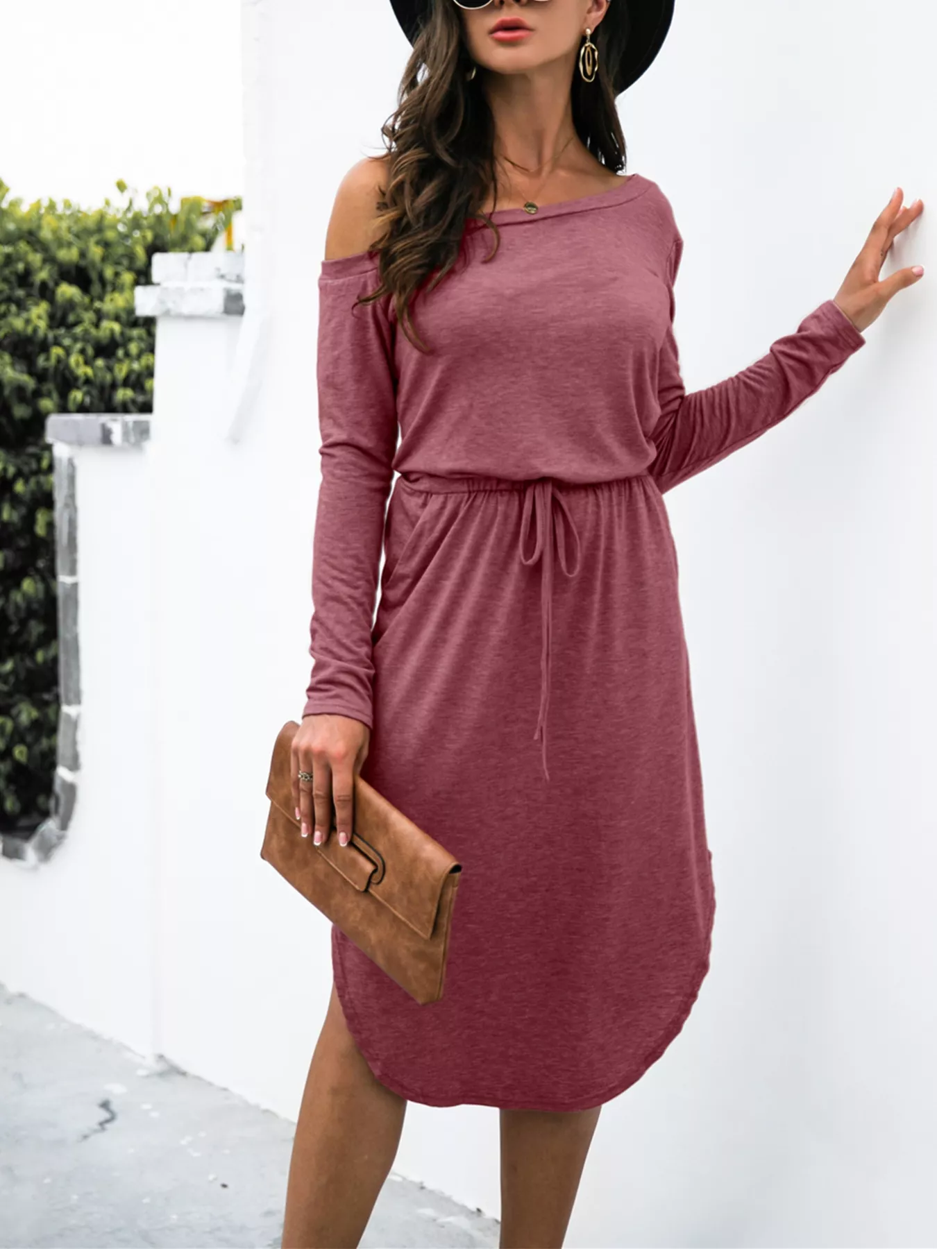 One-Shoulder Long Sleeve Midi Dress with Drawstring Waist - Image 20
