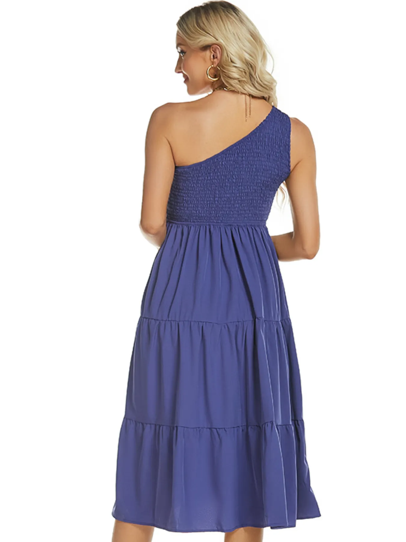 One-Shoulder Tiered Midi Dress with Smocked Bodice - Image 2