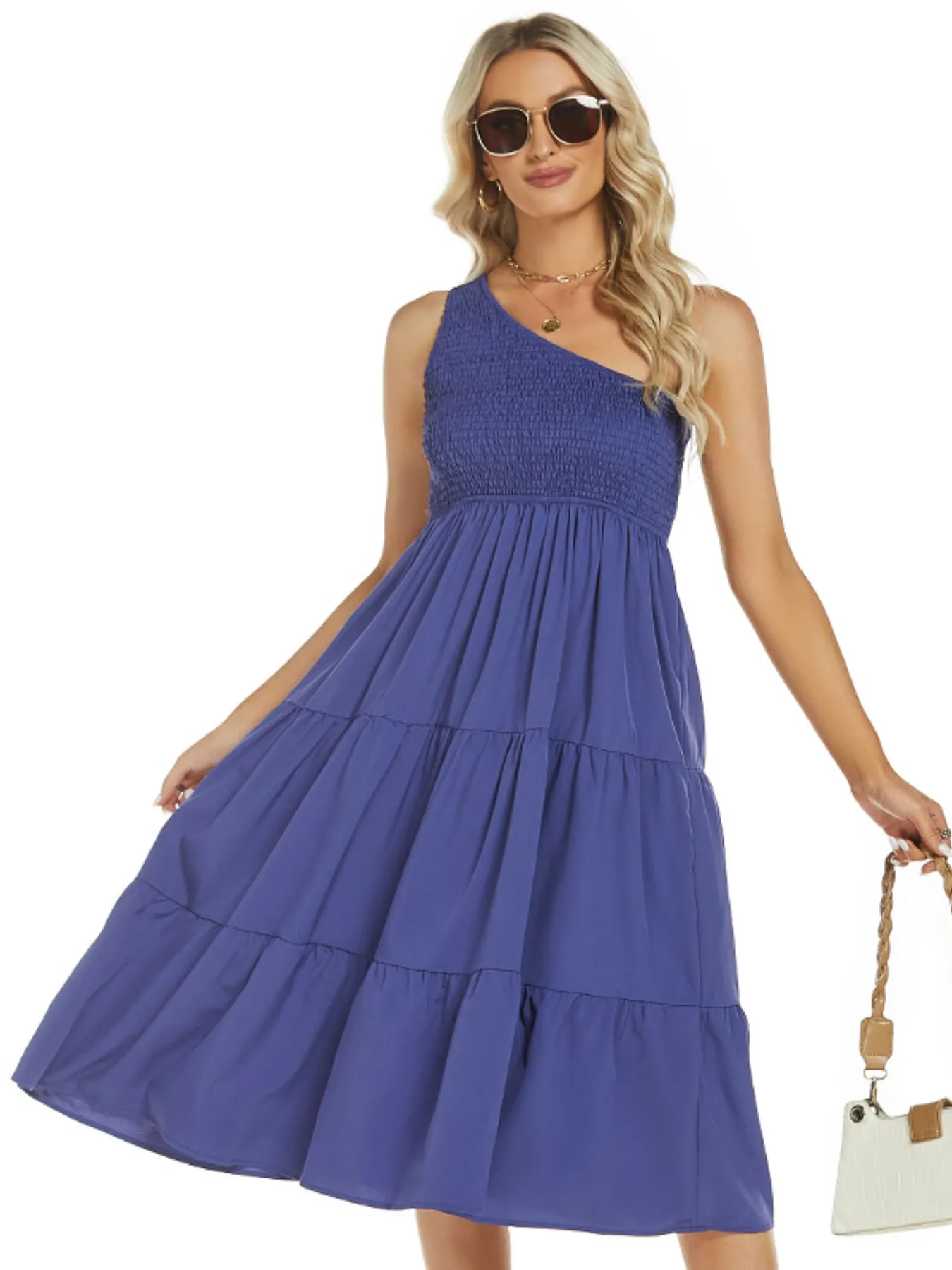 One-Shoulder Tiered Midi Dress with Smocked Bodice - Image 3