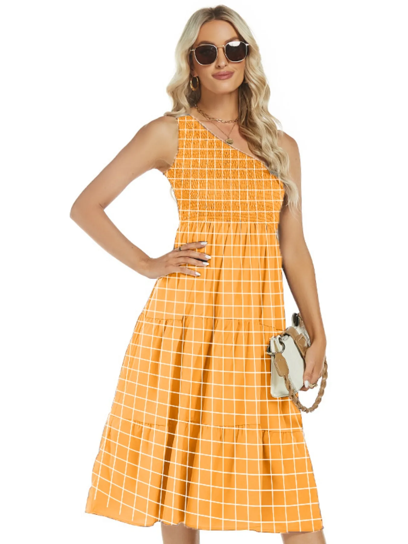 One-Shoulder Tiered Midi Dress with Smocked Bodice - Image 8