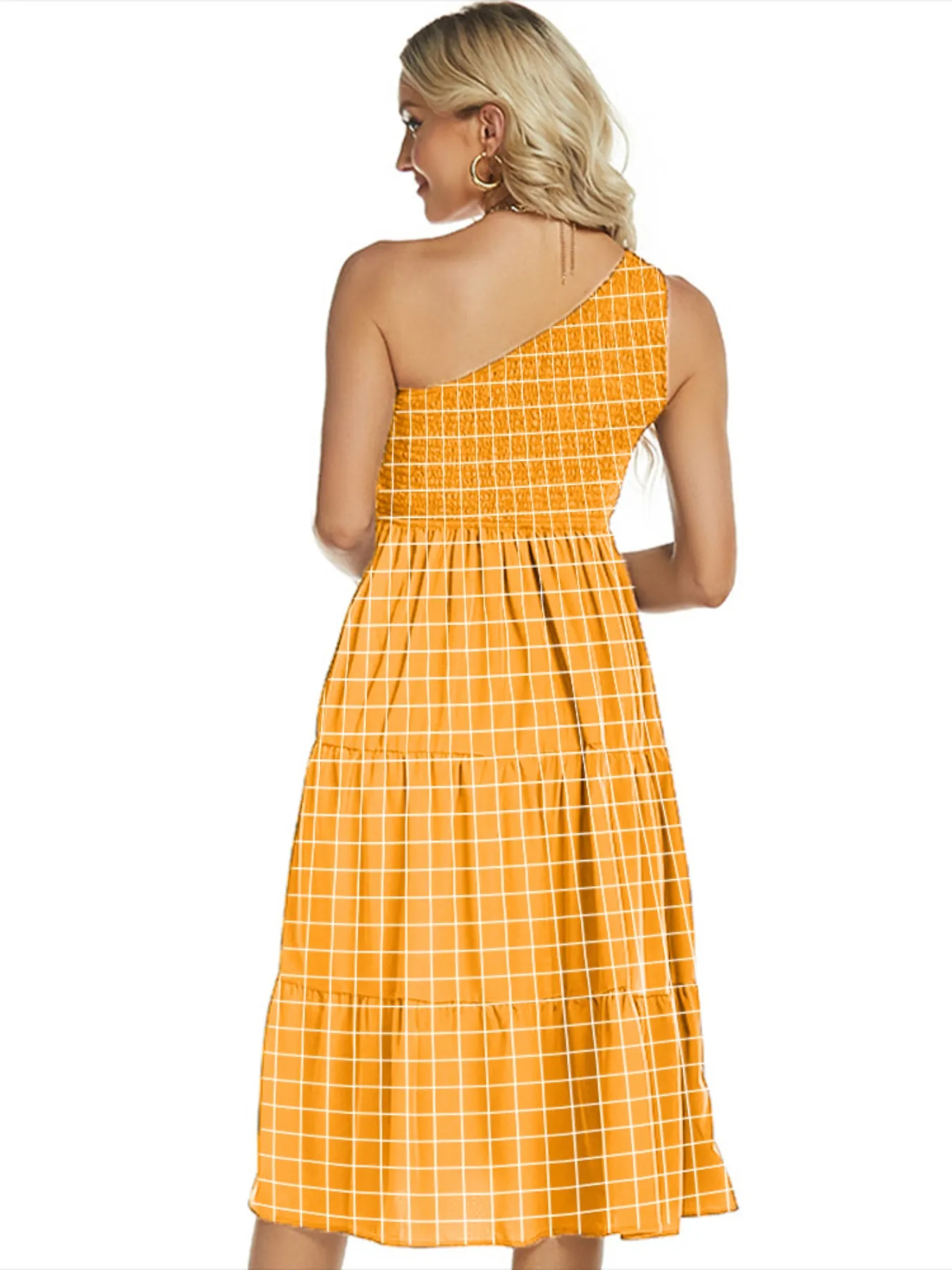 One-Shoulder Tiered Midi Dress with Smocked Bodice - Image 9