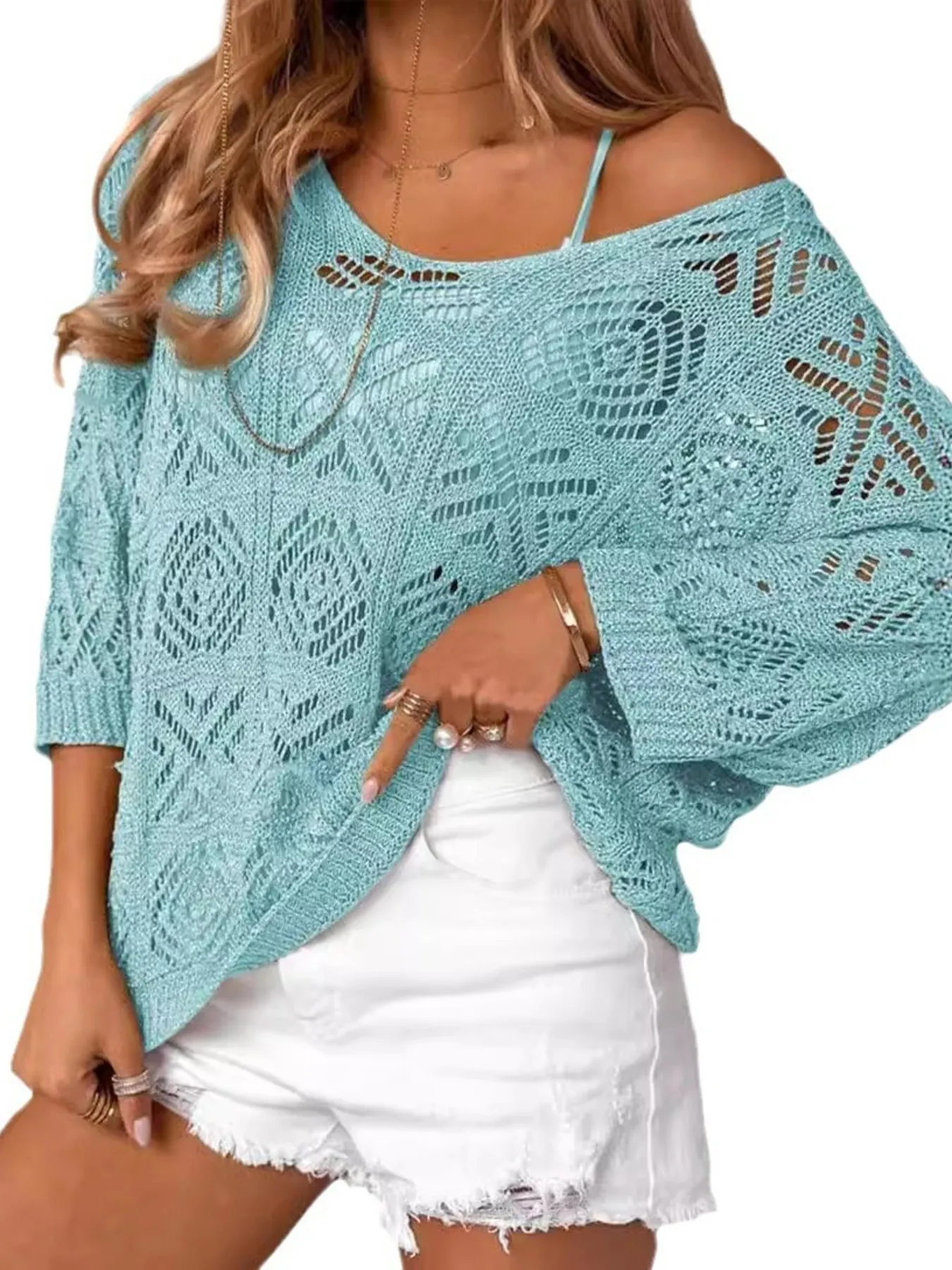 Openwork 3/4 Sleeve Knit Cover Up - Image 4