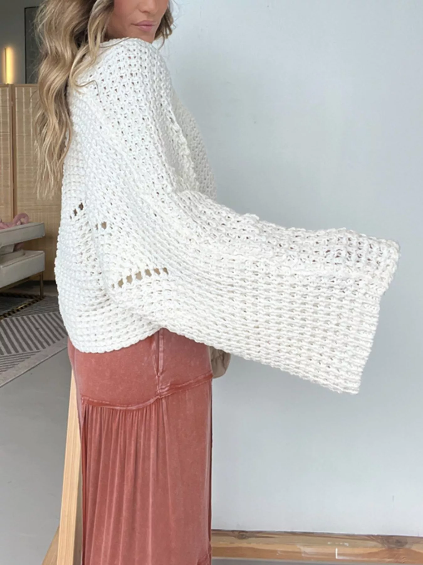 Openwork Batwing Sleeve Sweater - Image 3