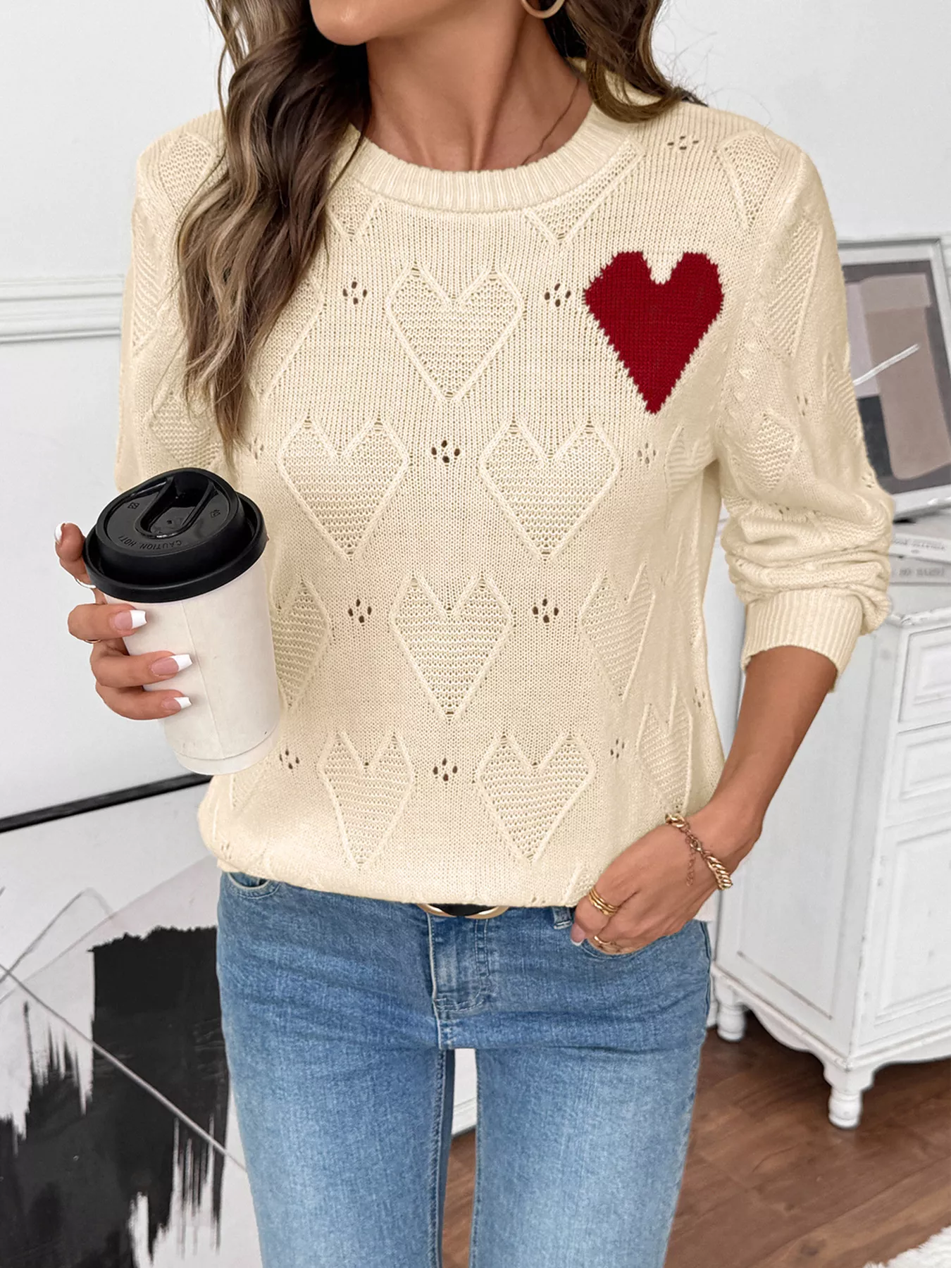 Openwork Heart Round Neck Sweater - Image 4