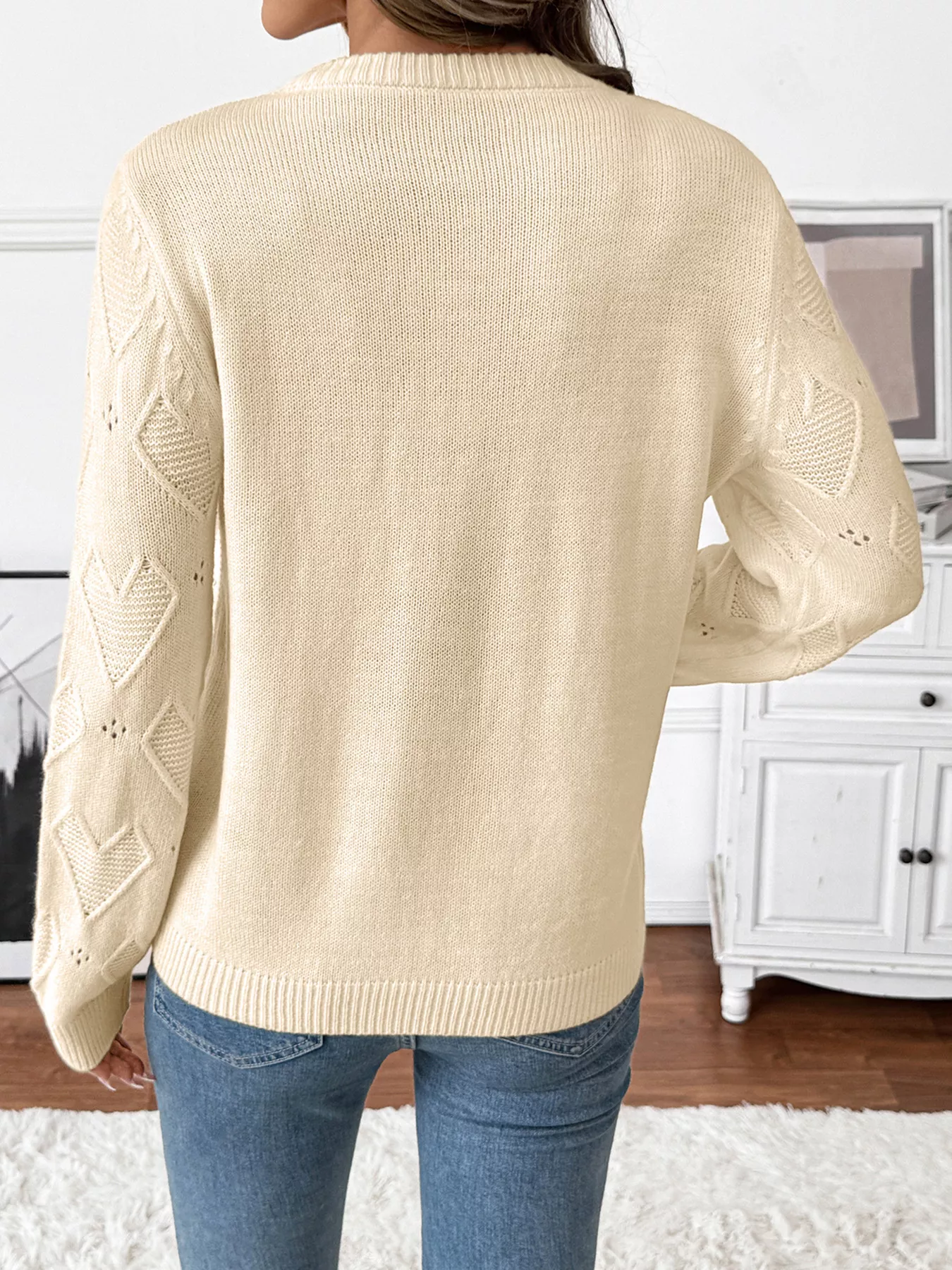 Openwork Heart Round Neck Sweater - Image 6