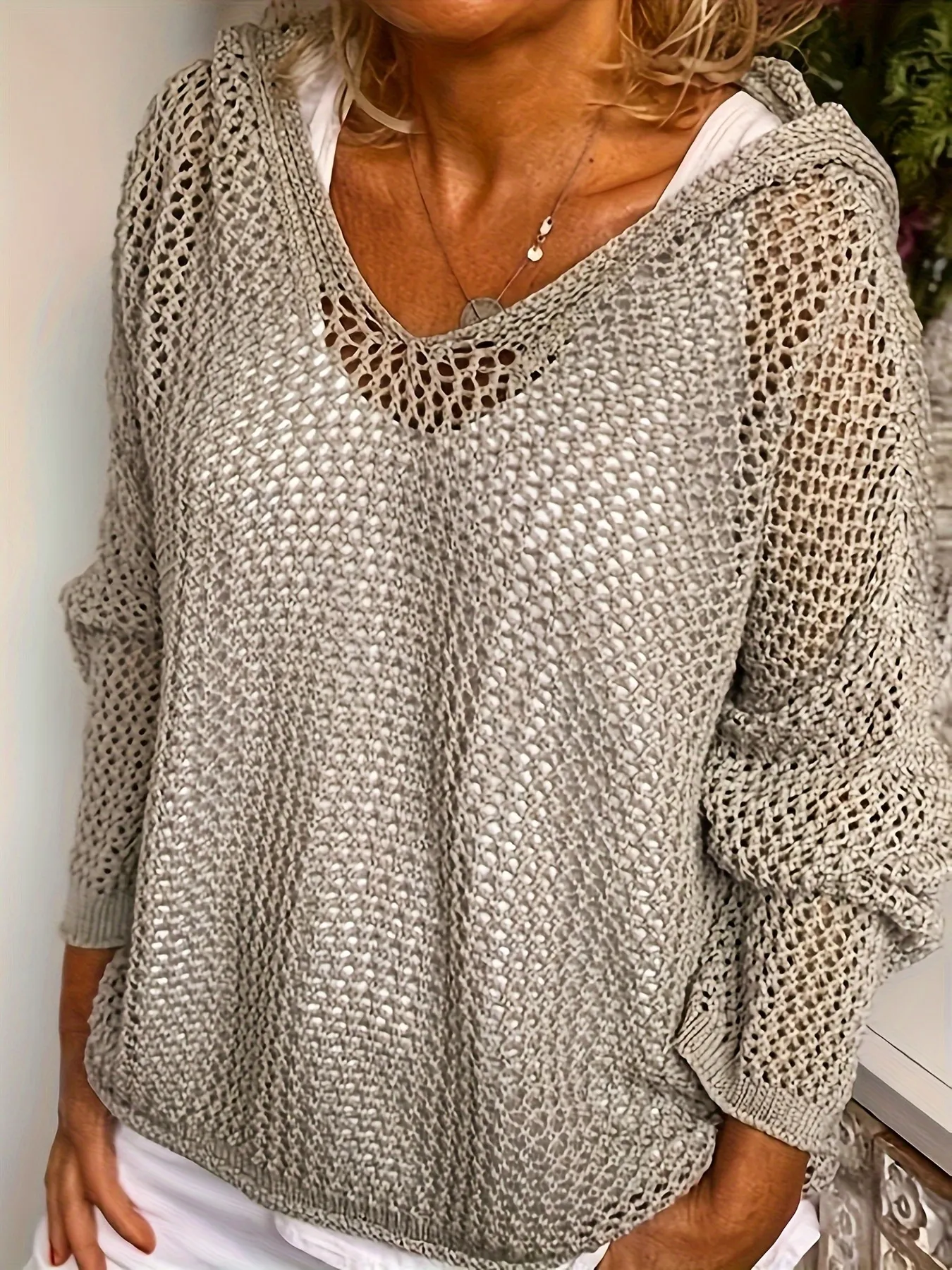 Openwork Long Sleeve Hooded Knit Cover Up - Image 4