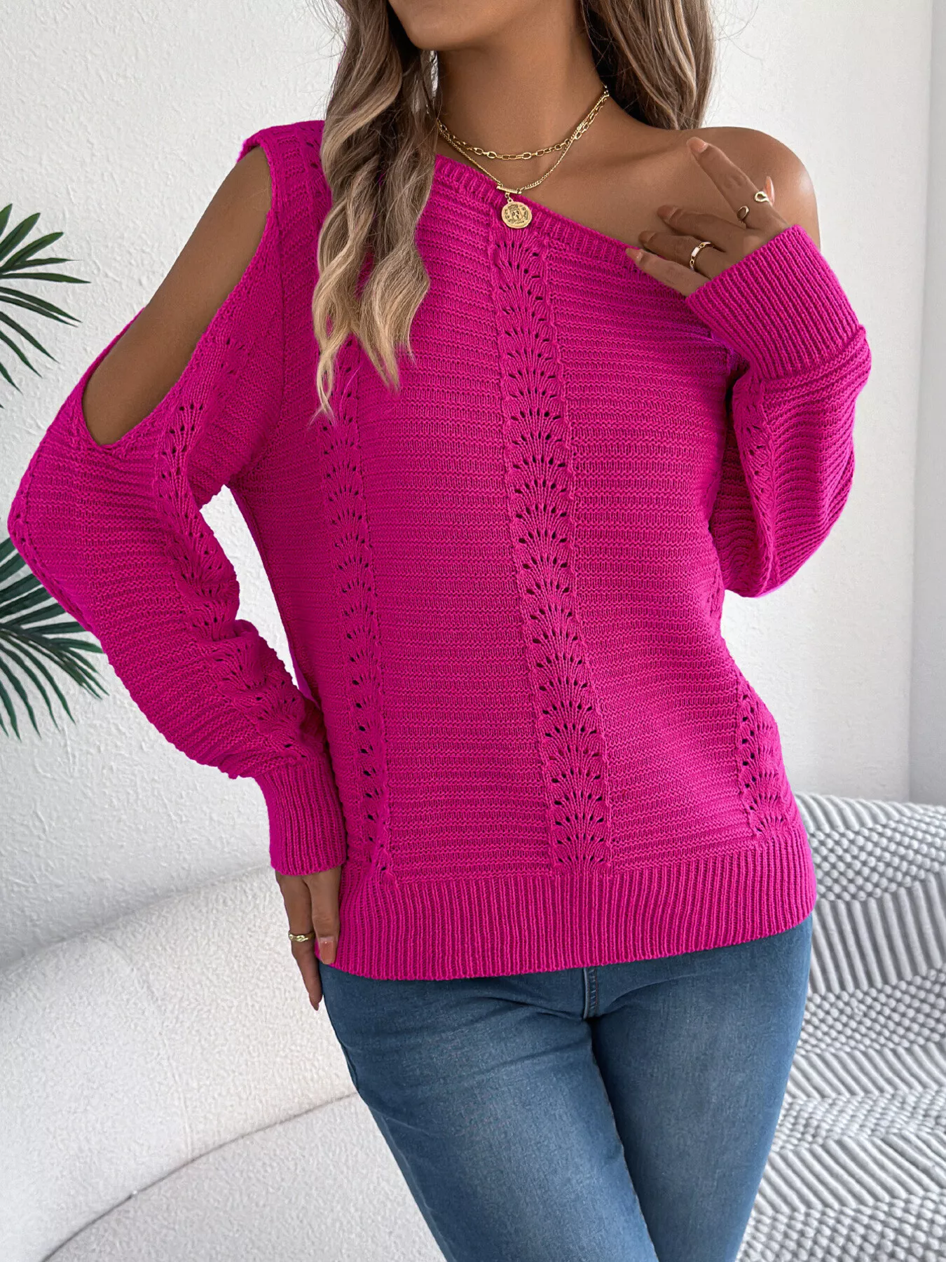 Openwork One Shoulder Cutout Long Sleeve Sweater - Image 14