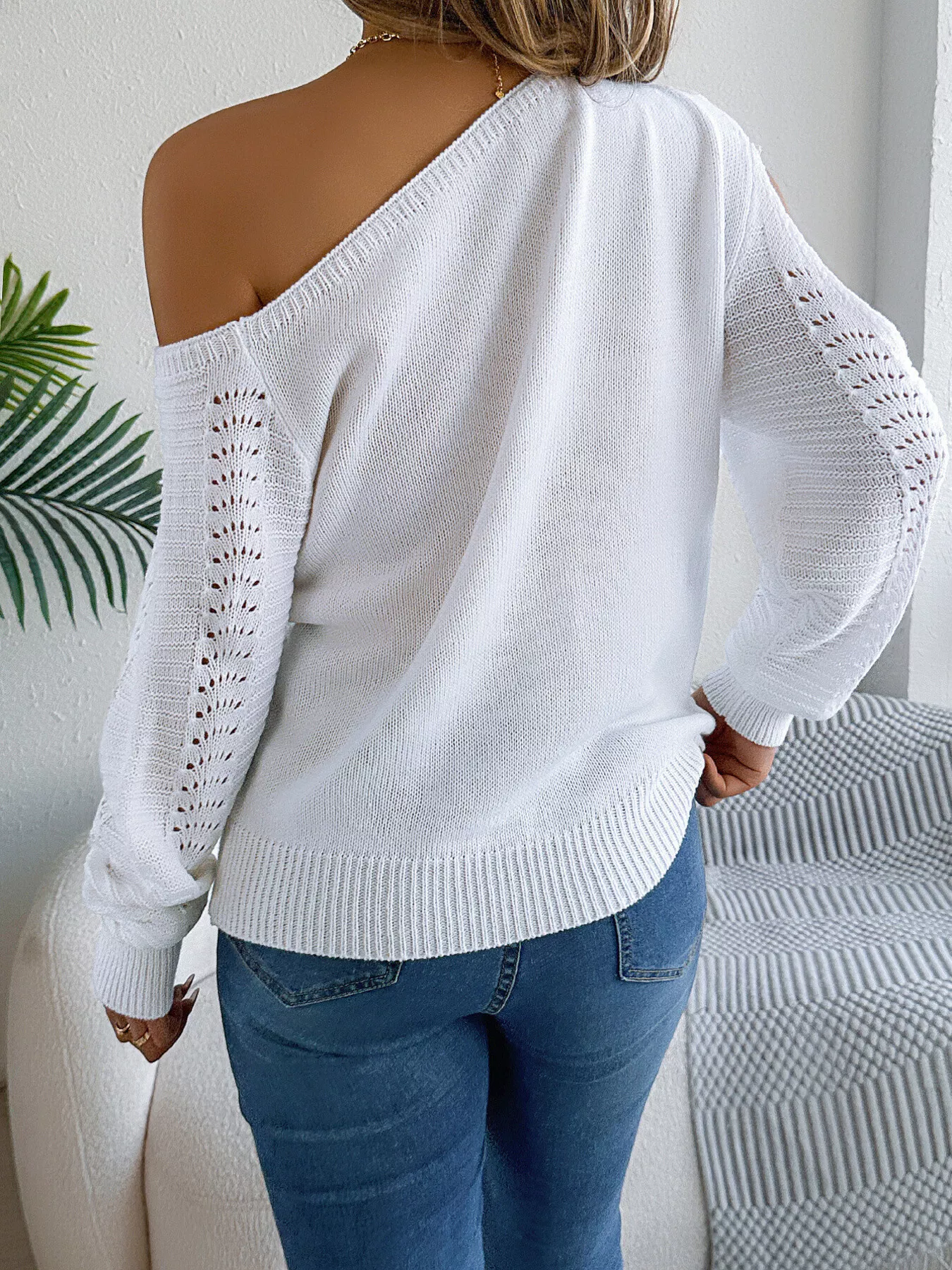Openwork One Shoulder Cutout Long Sleeve Sweater - Image 2