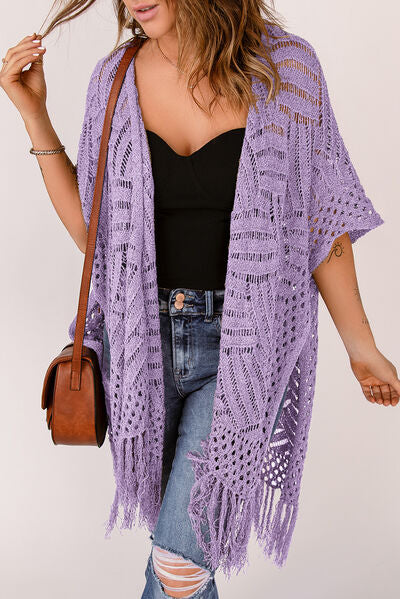 Openwork Open Front Cardigan with Fringes - Image 11