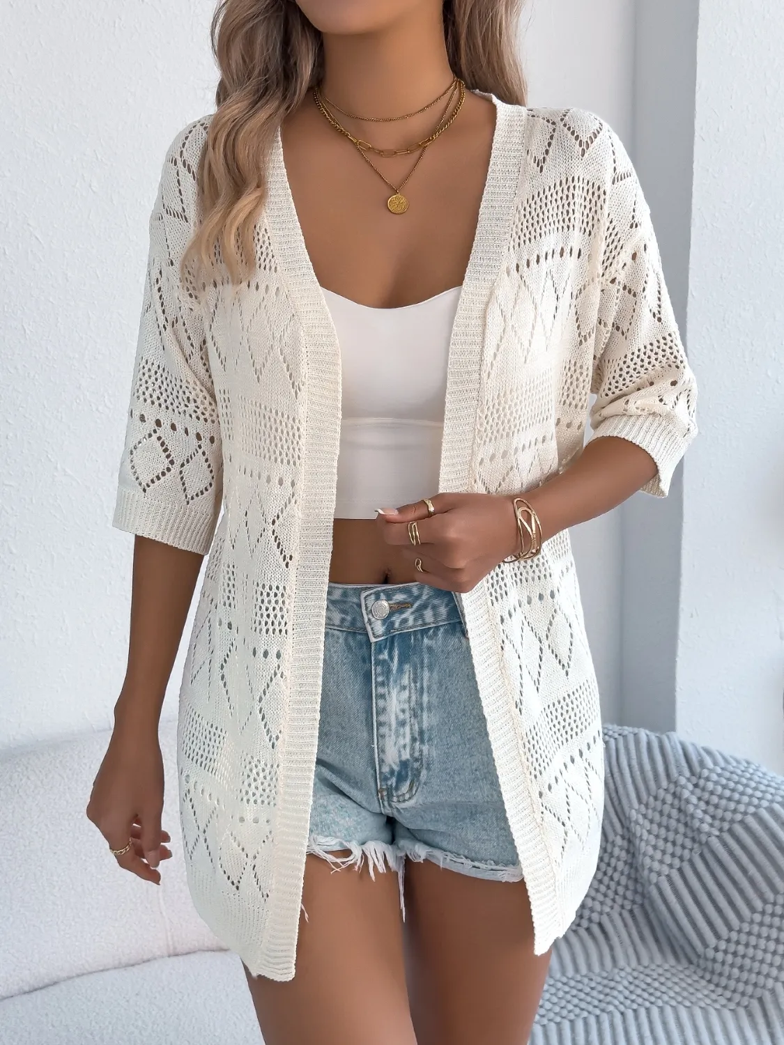 Openwork Open Front Half Sleeve Cardigan - Image 3